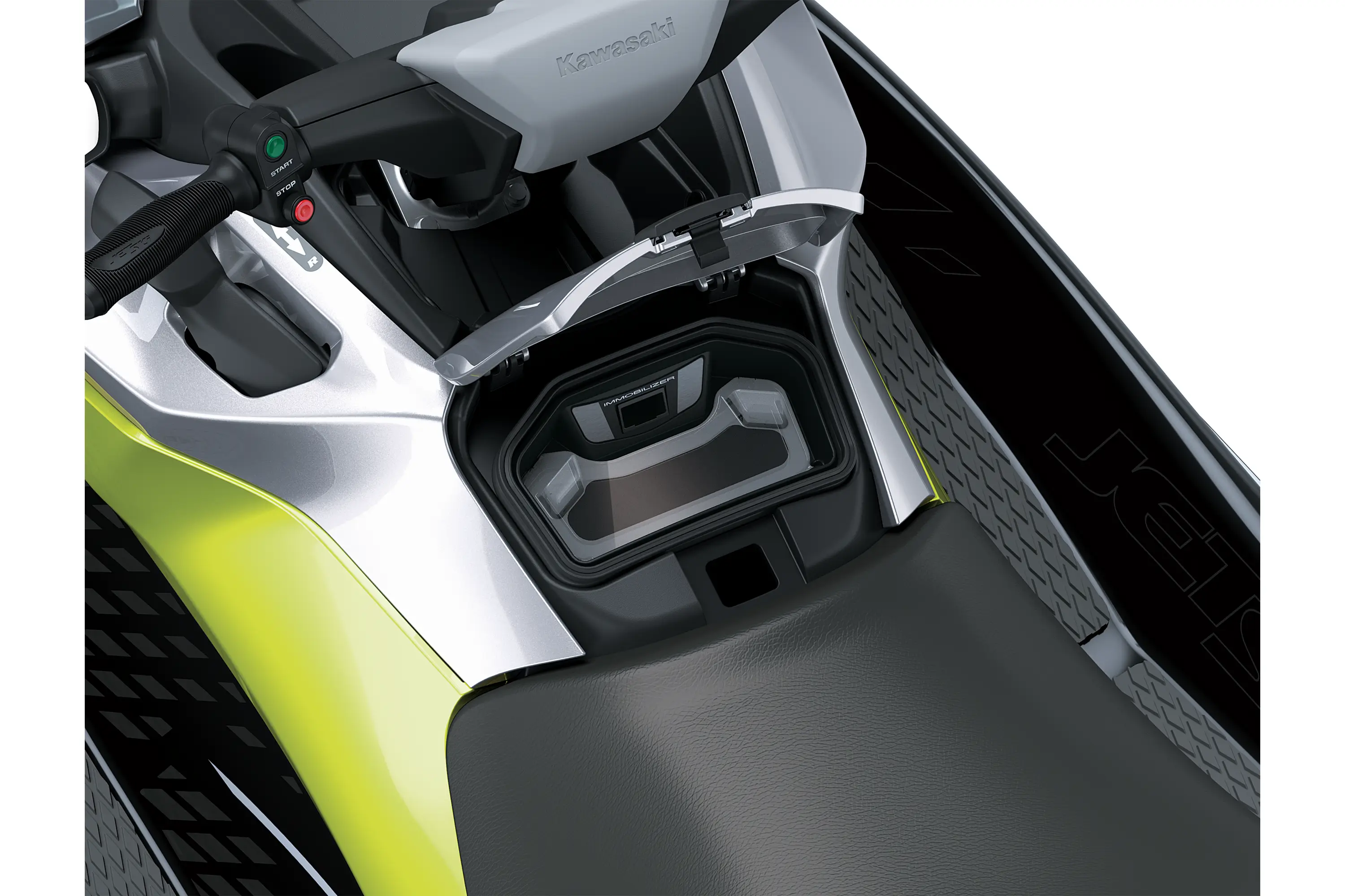 Closeup detail of a personal watercraft staged in a white studio background.