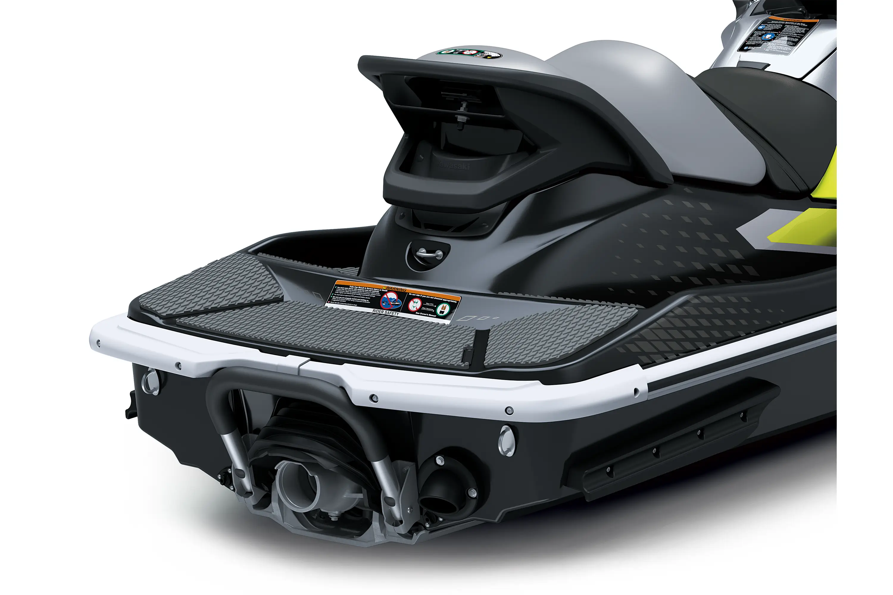 Rear detail of a personal watercraft staged in a white studio background.