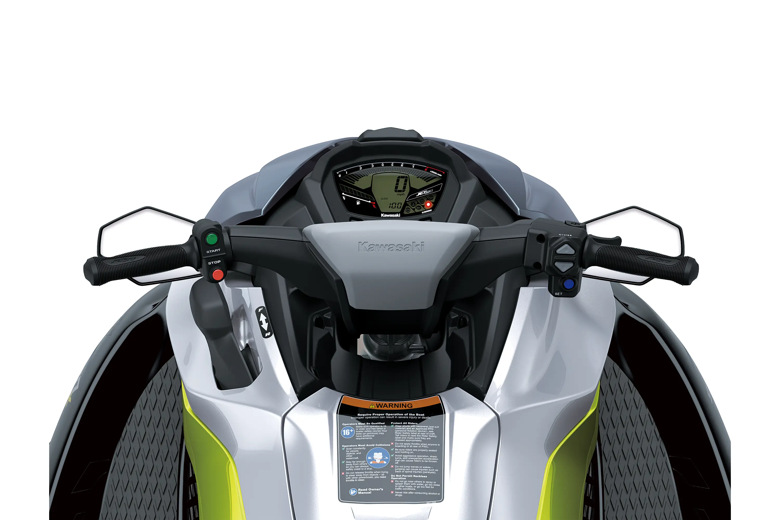 Closeup rider cockpit angle of a personal watercraft staged in a white studio background.