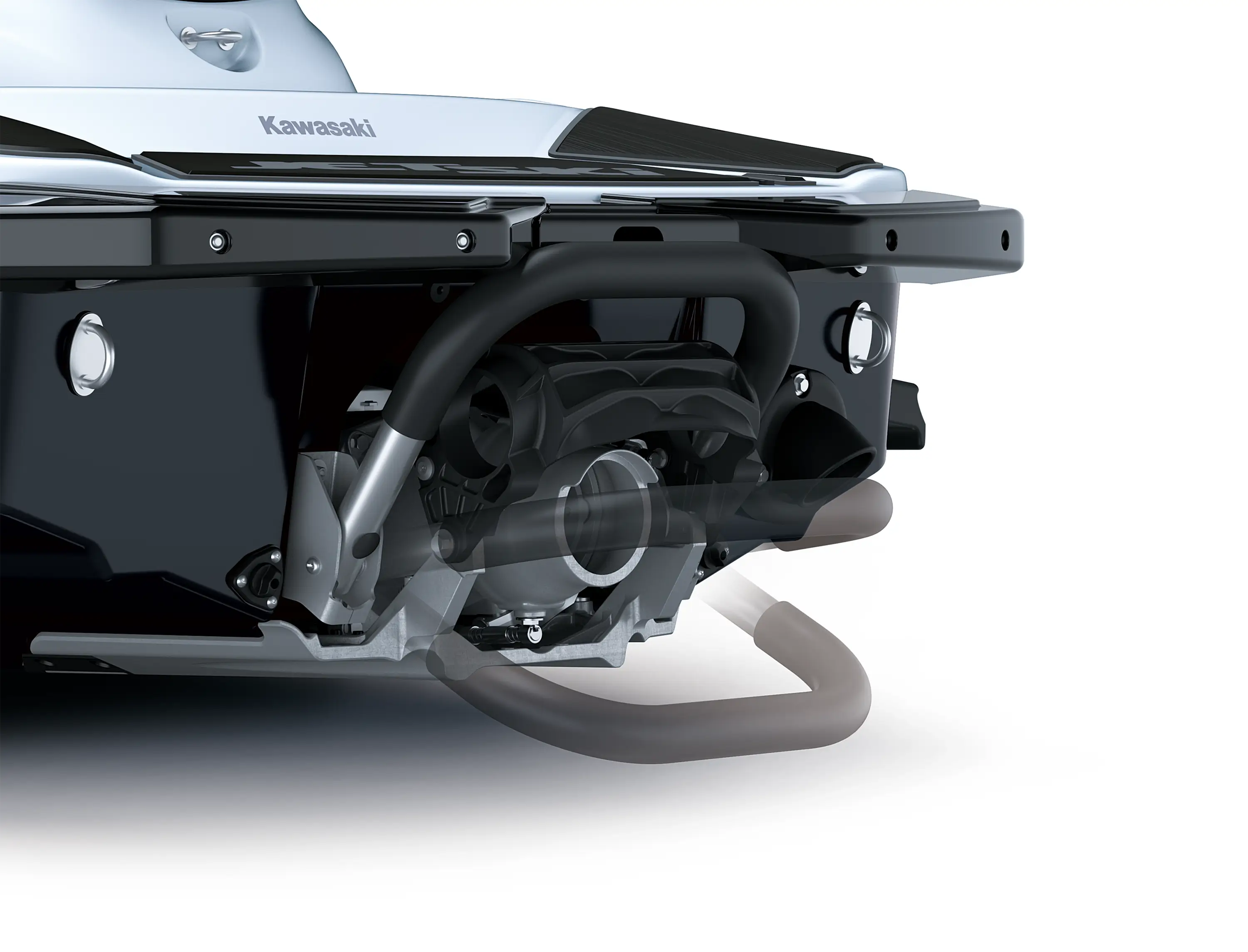 Closeup of rear example of a personal watercraft staged in a white studio background.