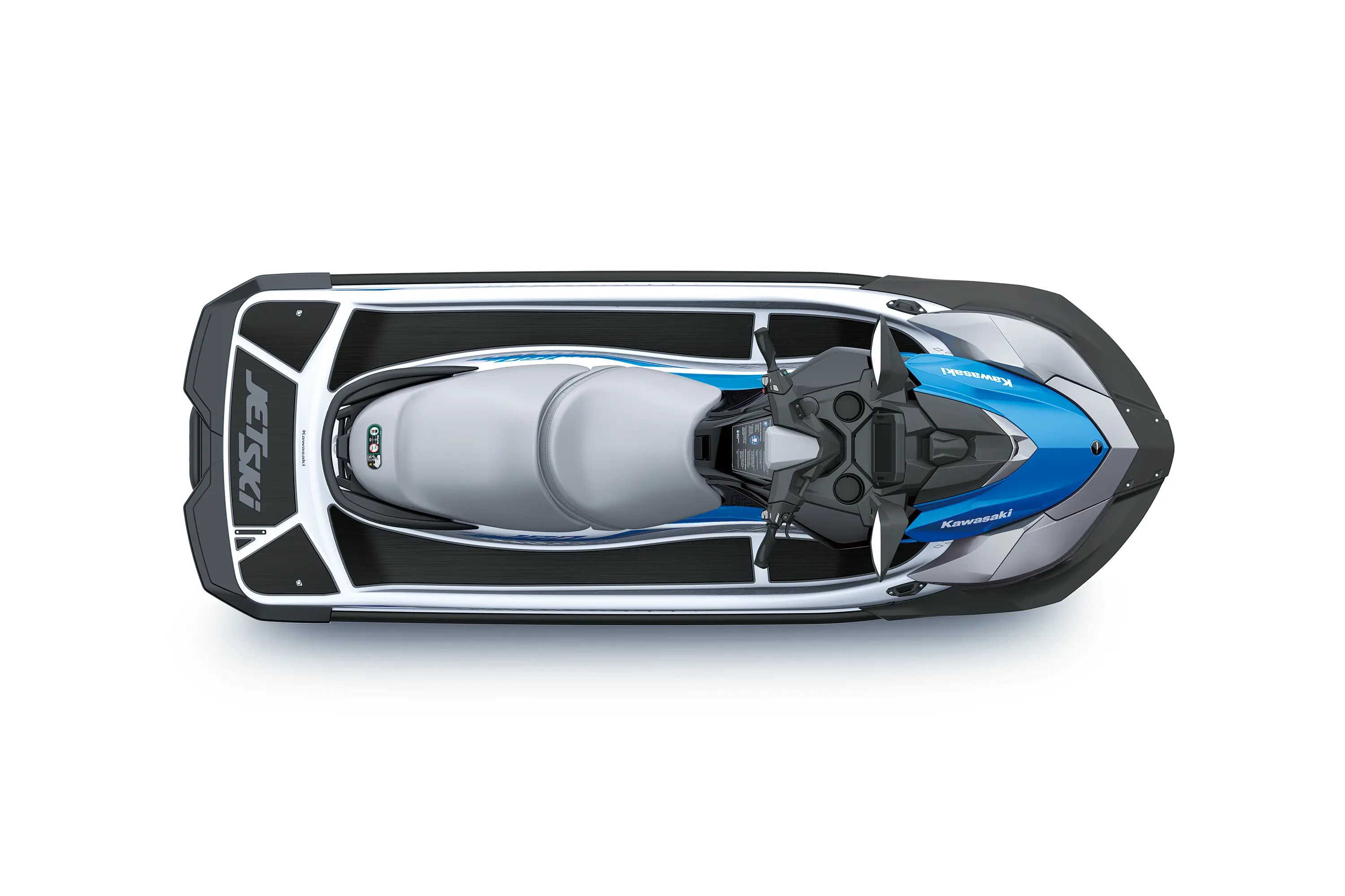 Overhead angle of a personal watercraft staged in a white studio background.