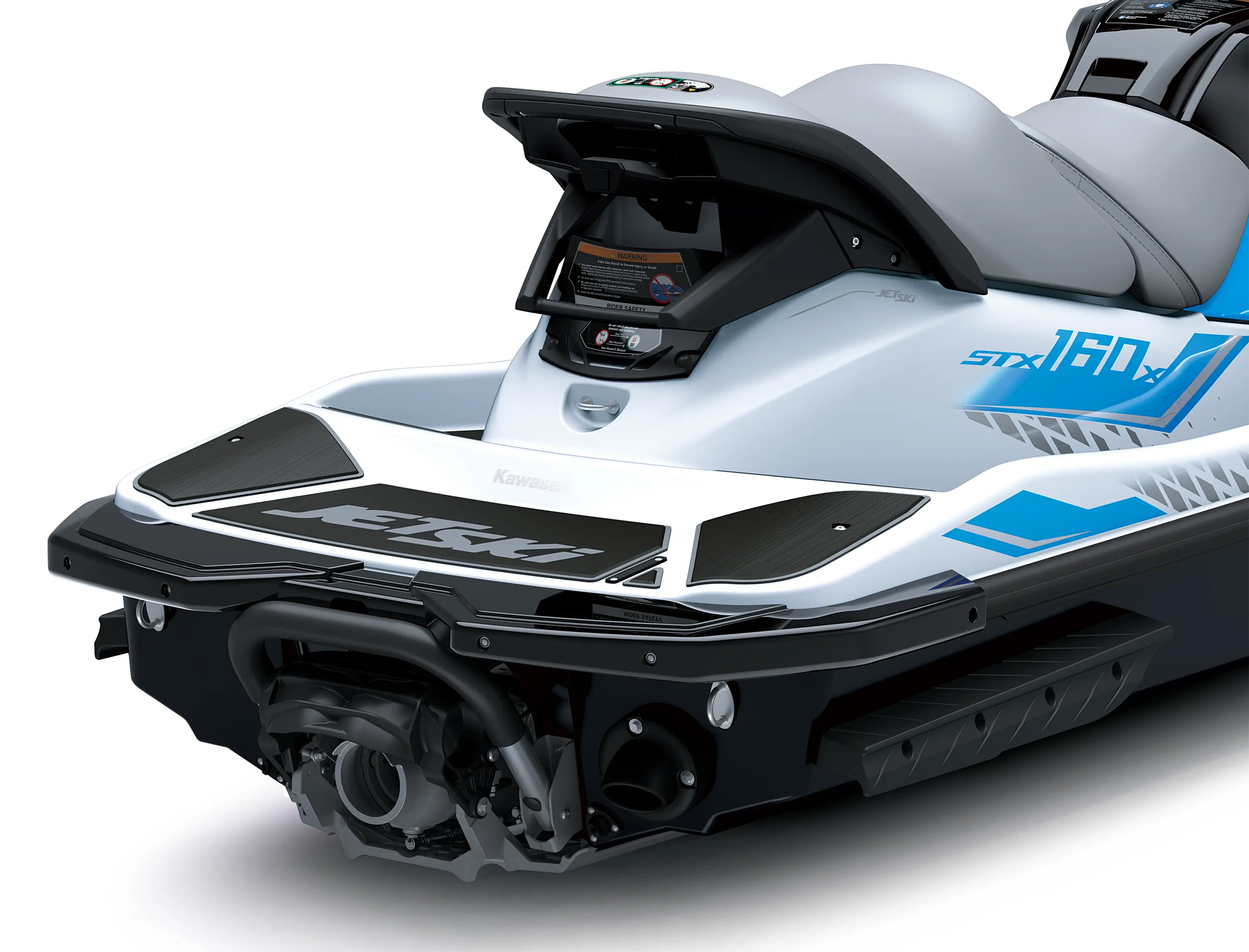 Closeup of rear of a personal watercraft staged in a white studio background.