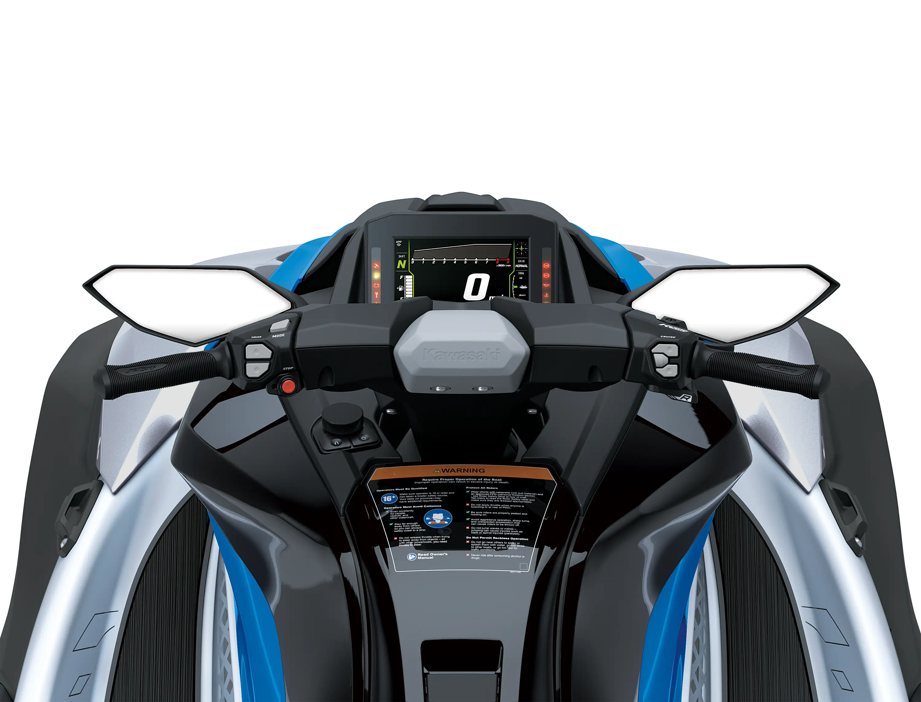 Closeup rider cockpit angle of a personal watercraft staged in a white studio background.