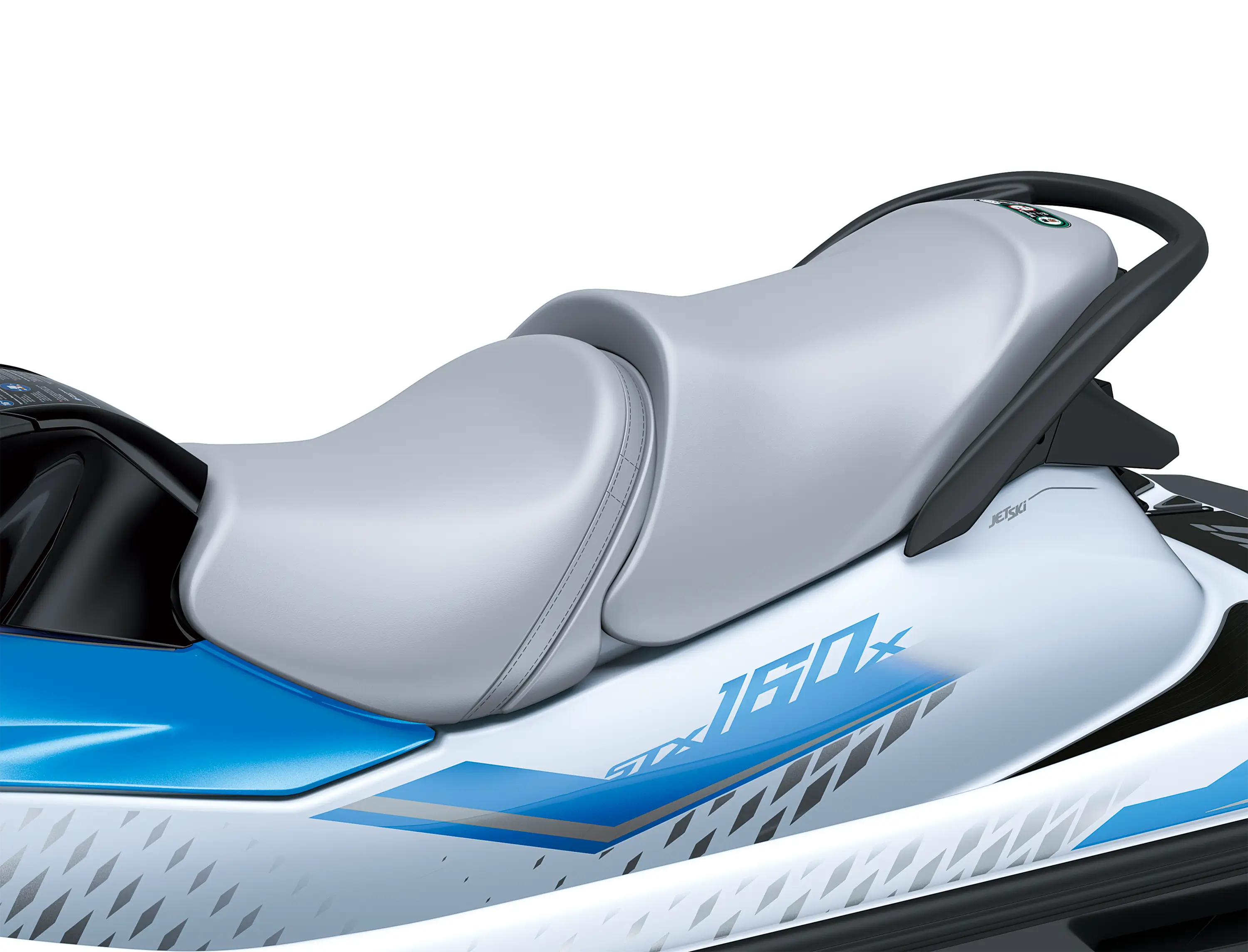 Closeup of seat of a personal watercraft staged in a white studio background.