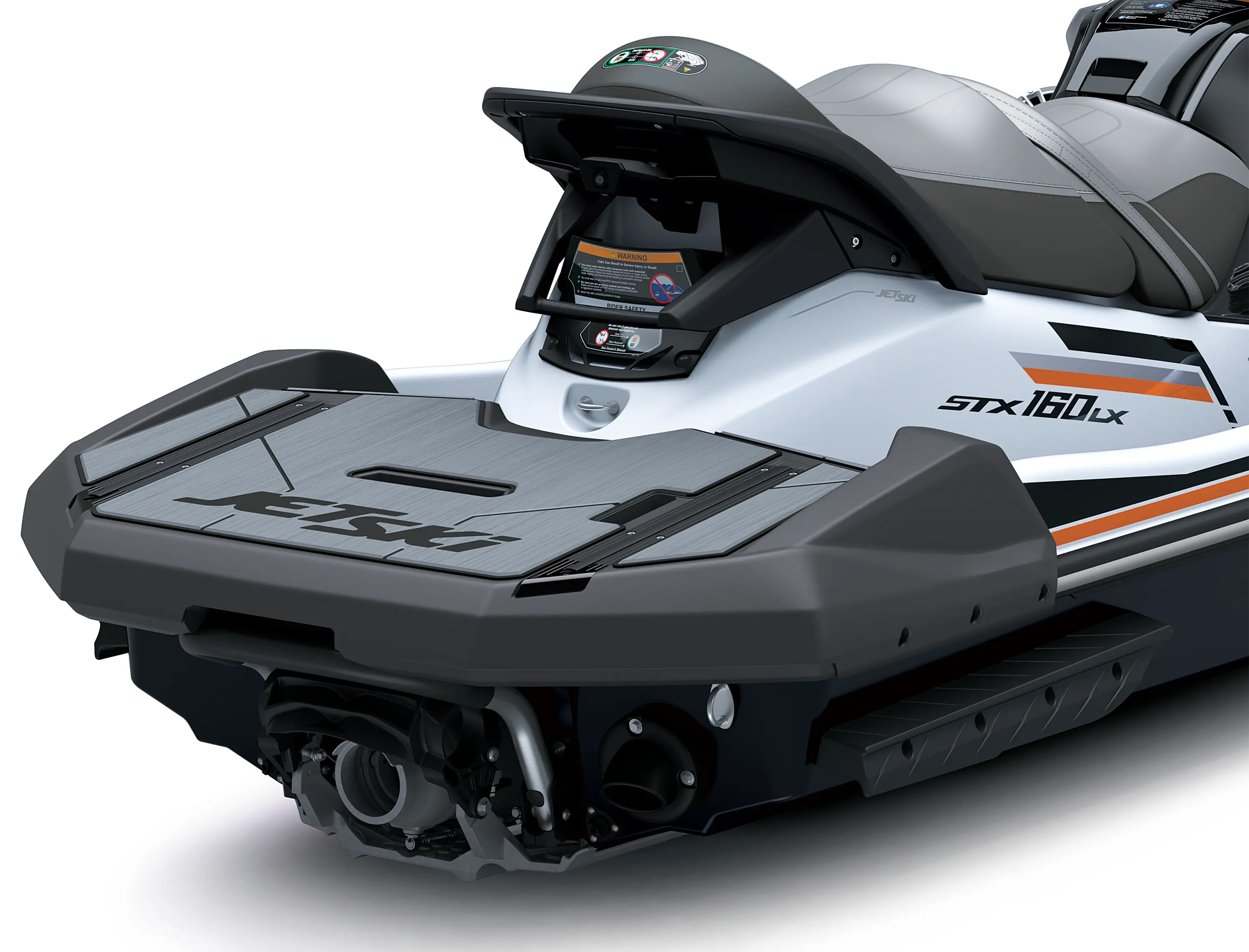 Rear detail of a personal watercraft staged in a white studio background.