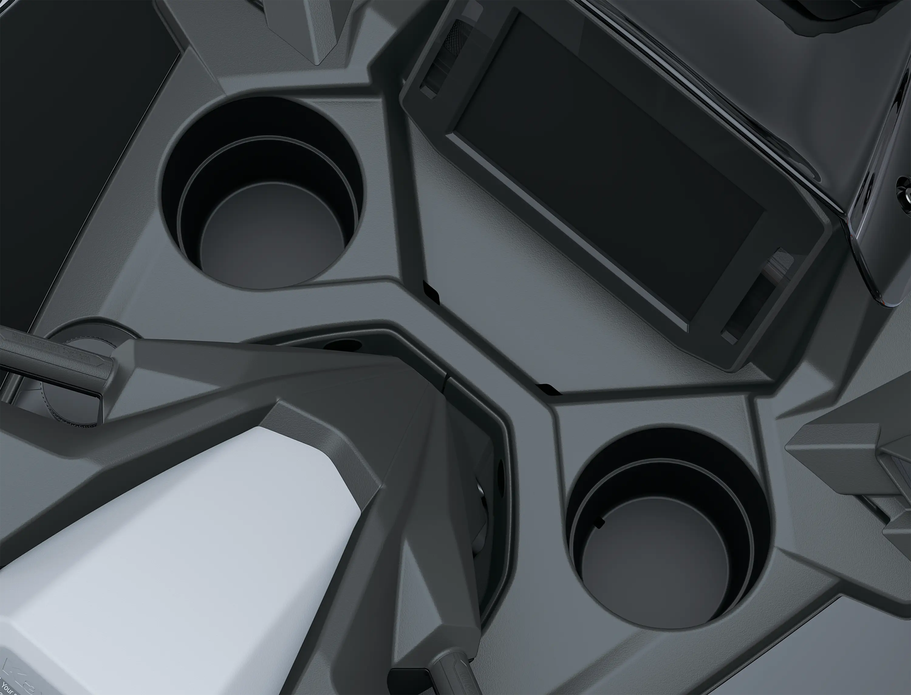Closeup cupholders of a personal watercraft staged in a white studio background.