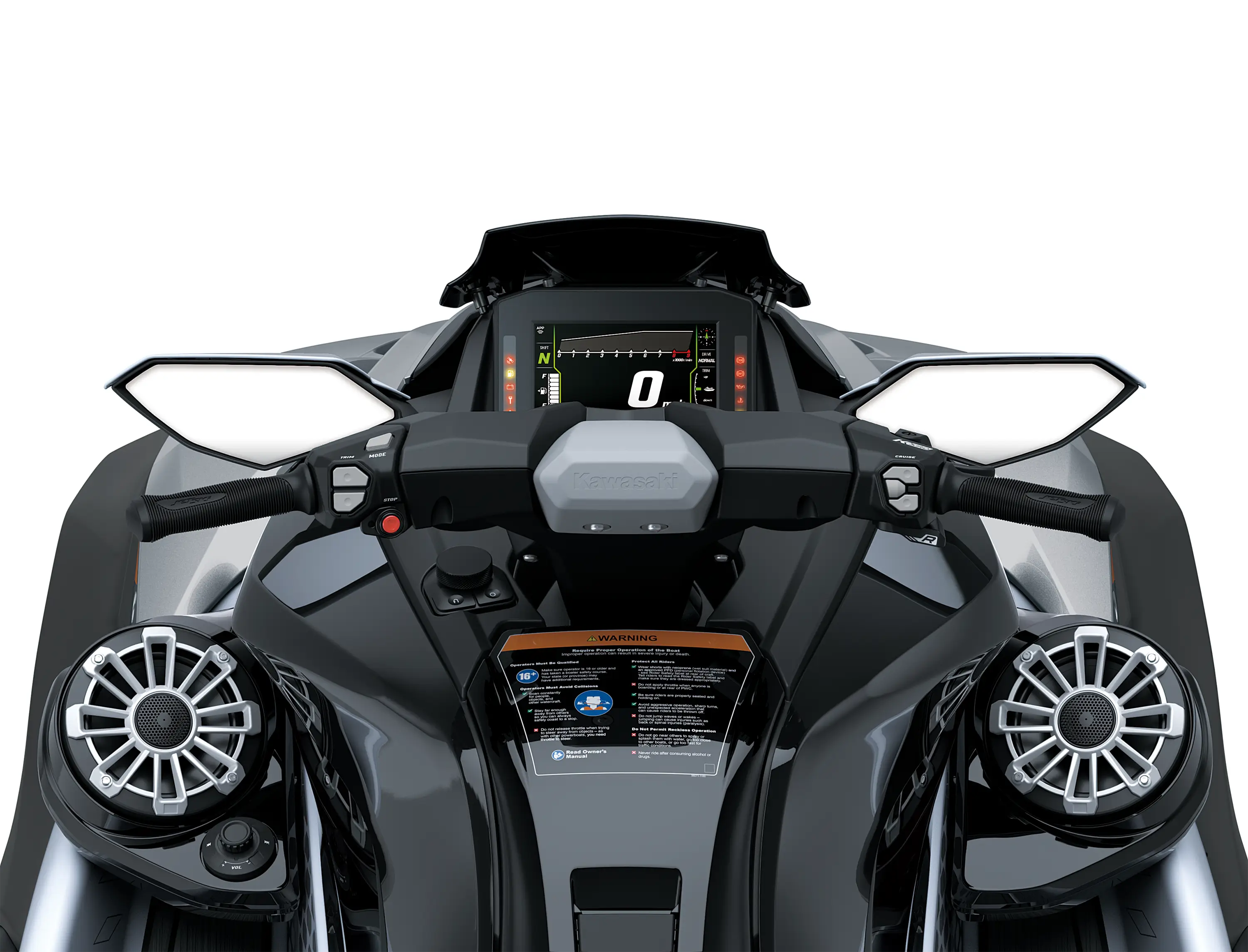 Closeup rider cockpit angle of a personal watercraft staged in a white studio background.