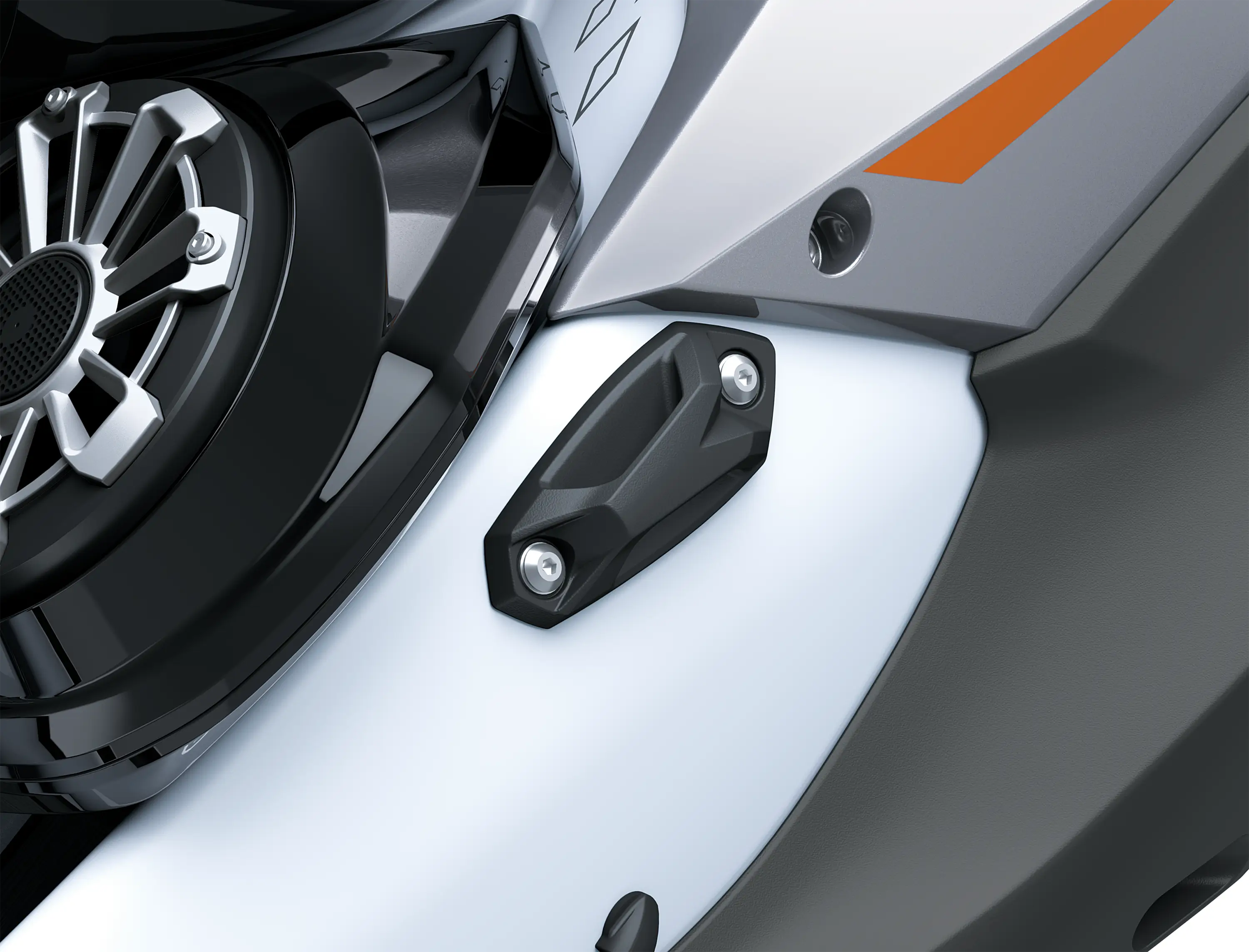 Closeup detail exterior of a personal watercraft staged in a white studio background.