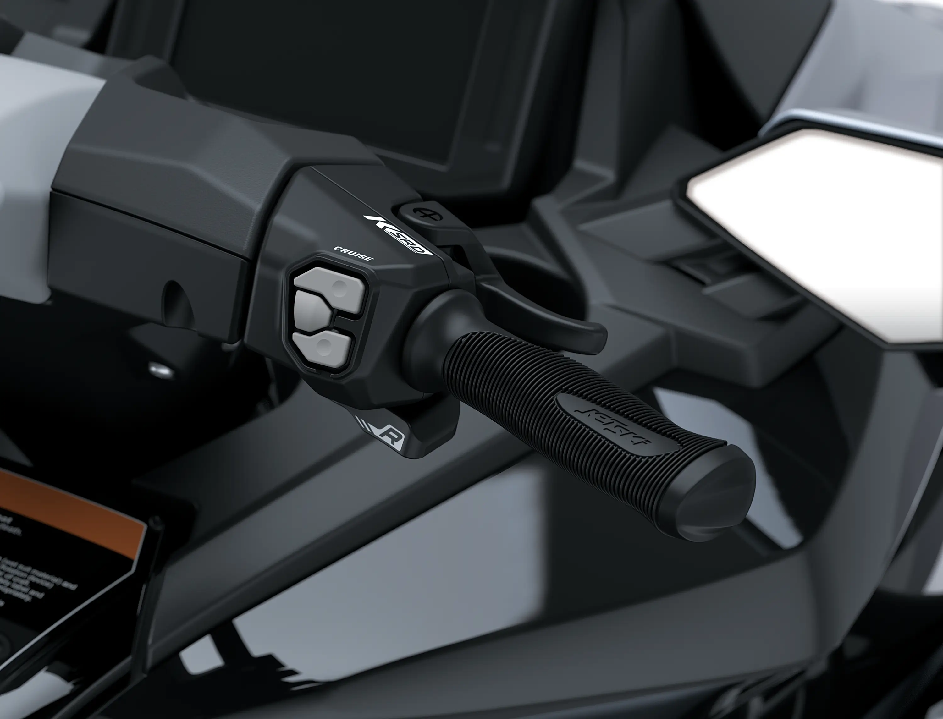 Closeup handlebar of a personal watercraft staged in a white studio background.