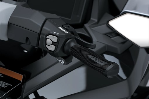 Closeup handlebar of a personal watercraft staged in a white studio background. opens in a new window