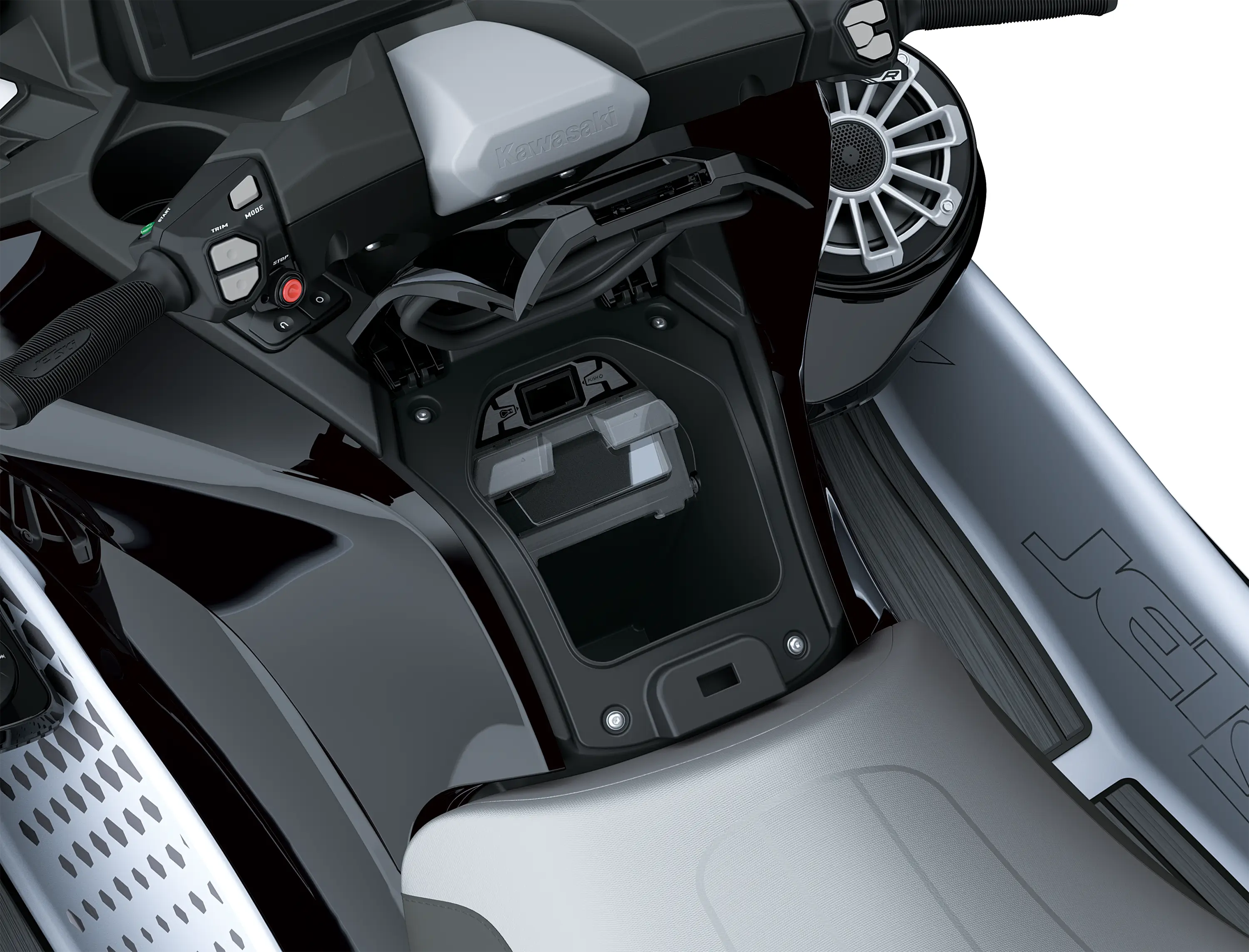 Closeup overhead of a personal watercraft staged in a white studio background.