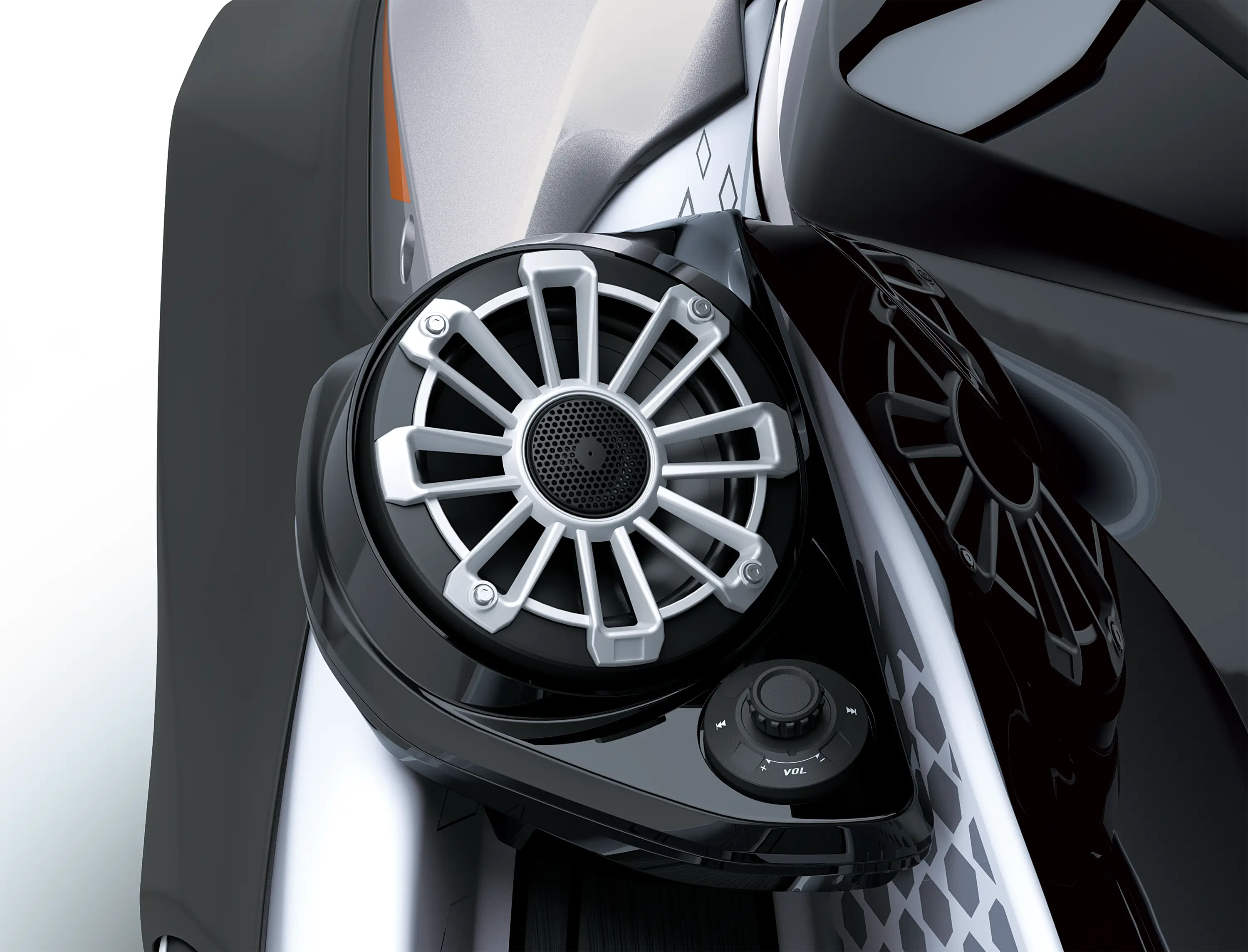 Closeup detail of a personal watercraft staged in a white studio background.