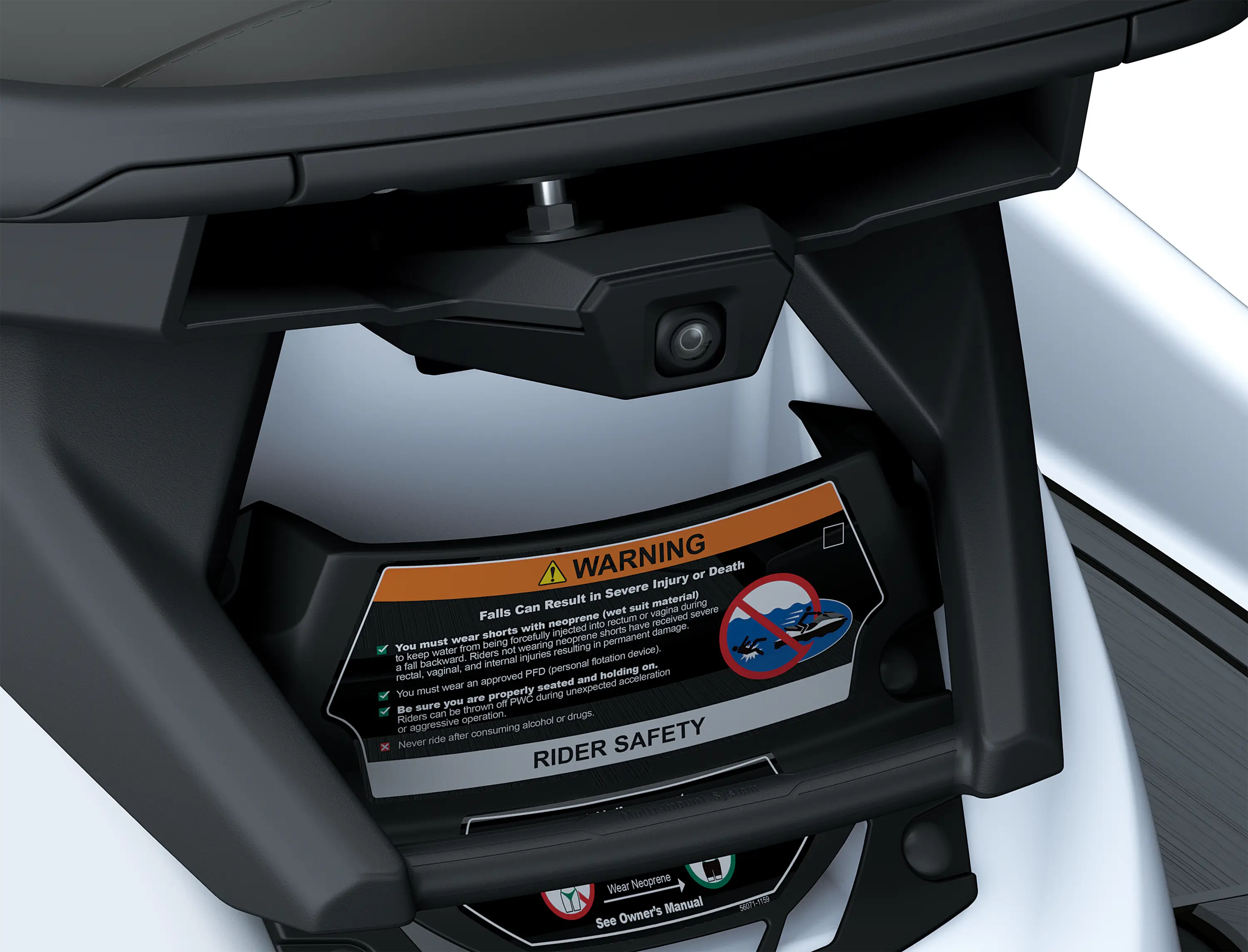 Rear closeup detail of a personal watercraft staged in a white studio background.