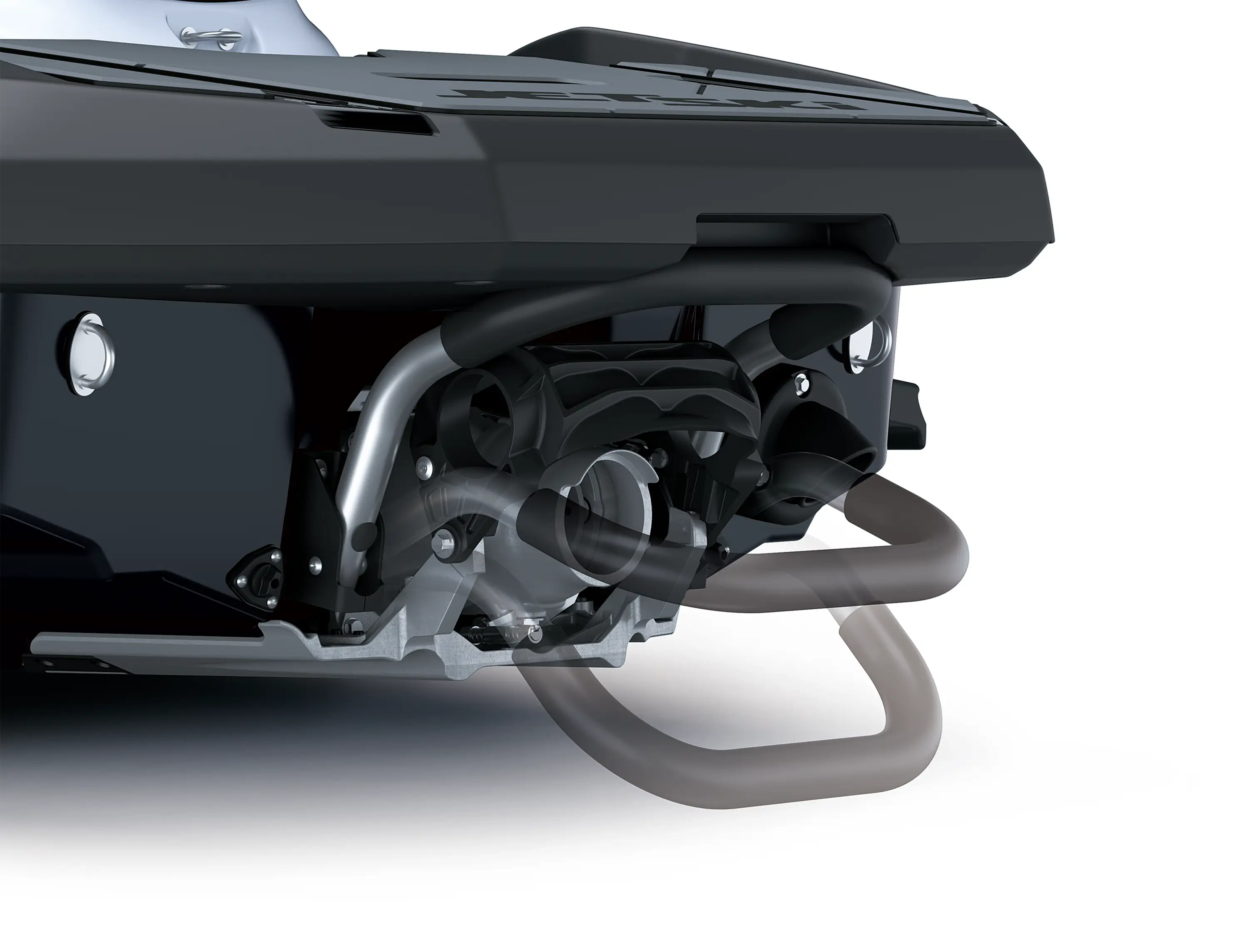 Rear closeup detail example of a personal watercraft staged in a white studio background.