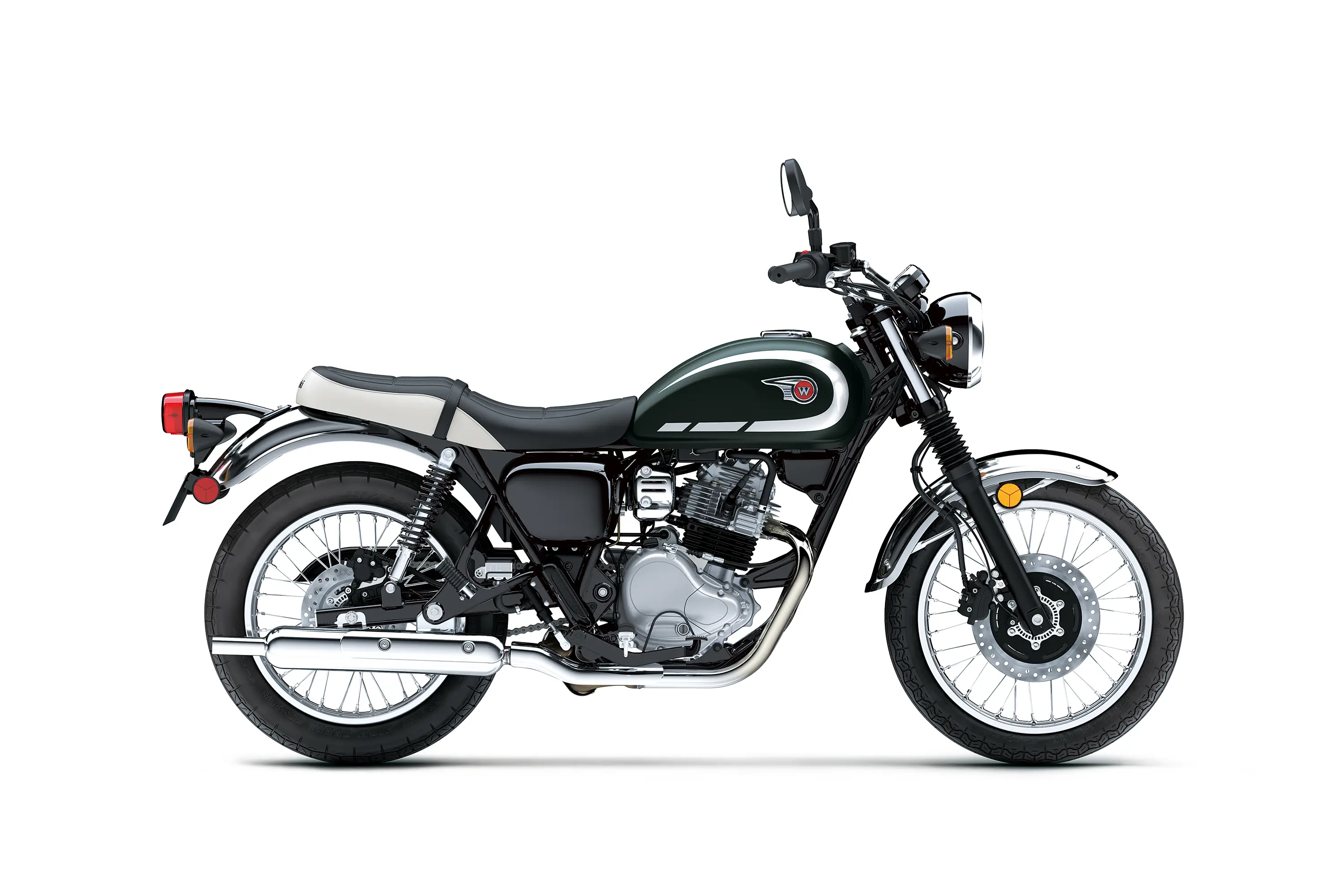 Profile angle of a motorcycle staged in a white studio background.