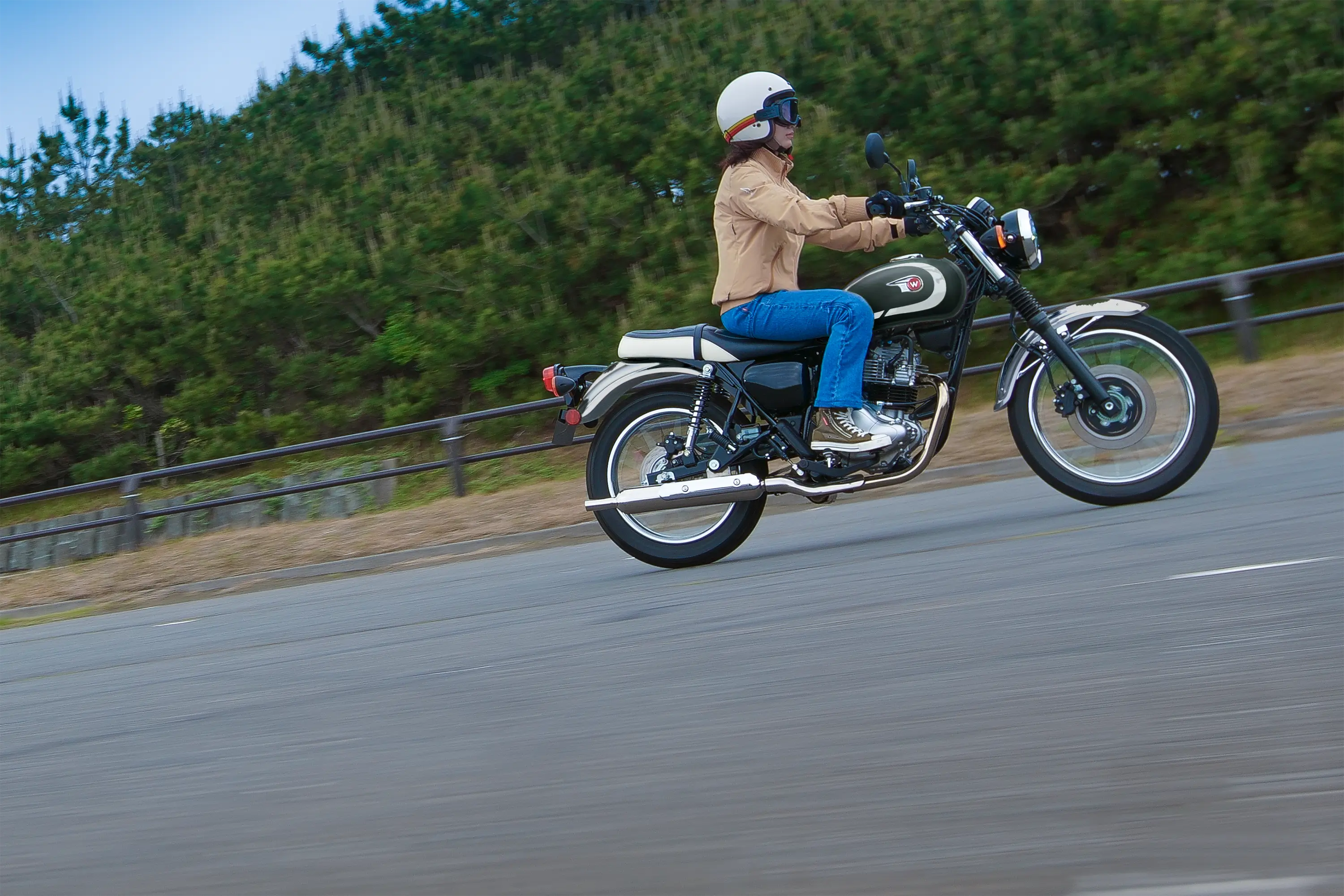 Side angle of a person riding a motorcycle on the street.
