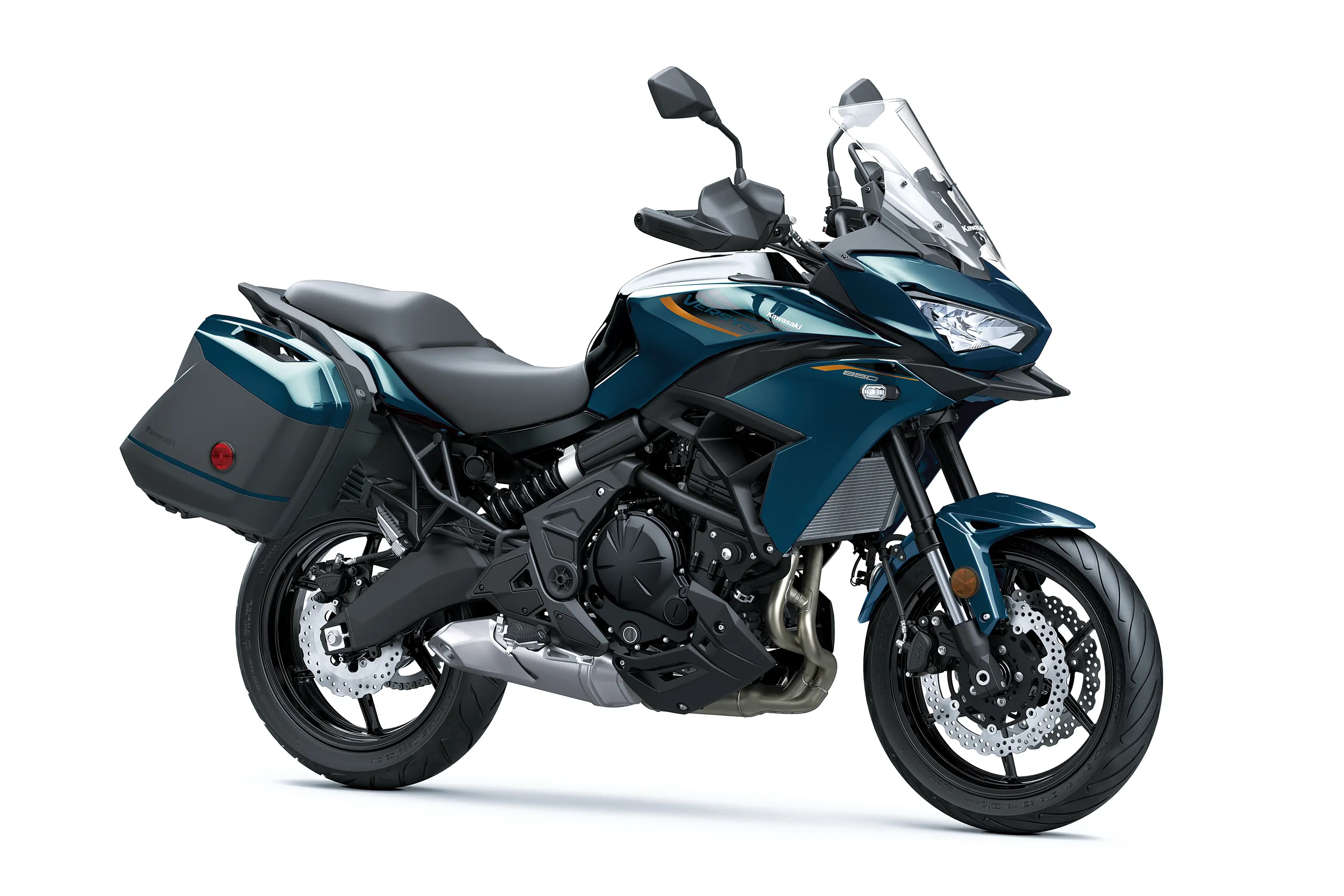 Three-quarter front angle of a motorcycle staged in a white studio background.