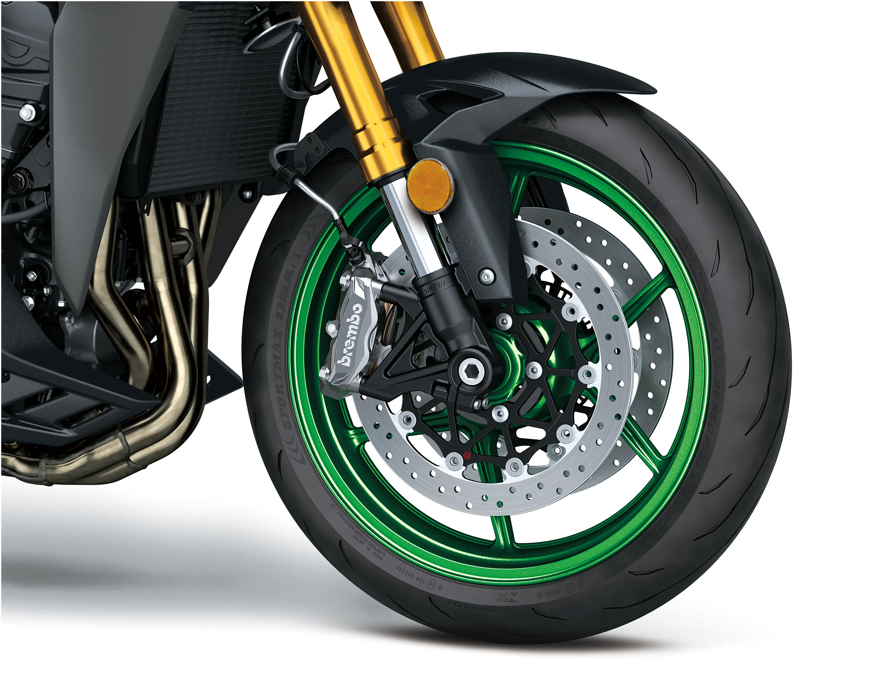 Closeup of motorcycle wheel.