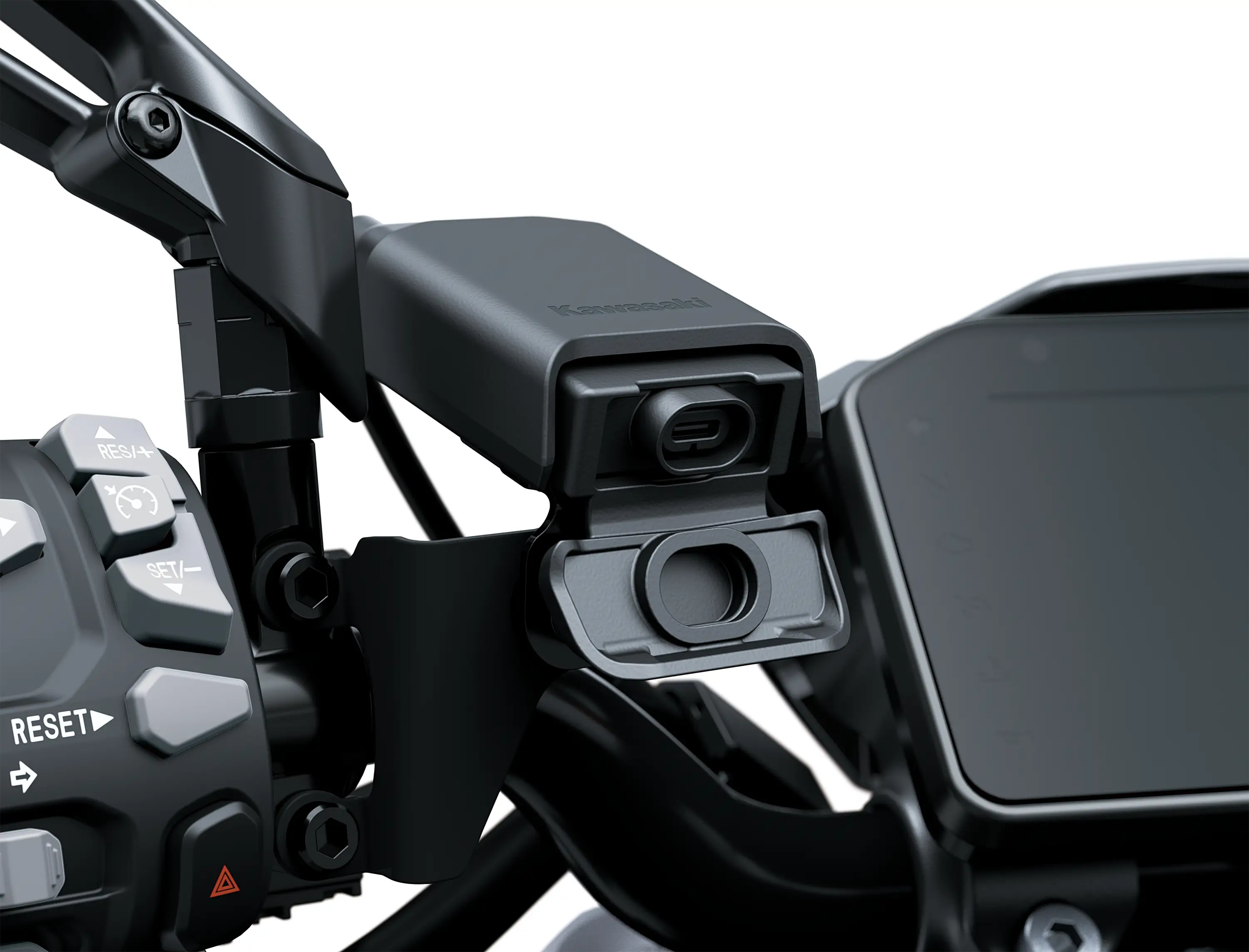 Closeup of rider cockpit of a motorcycle.