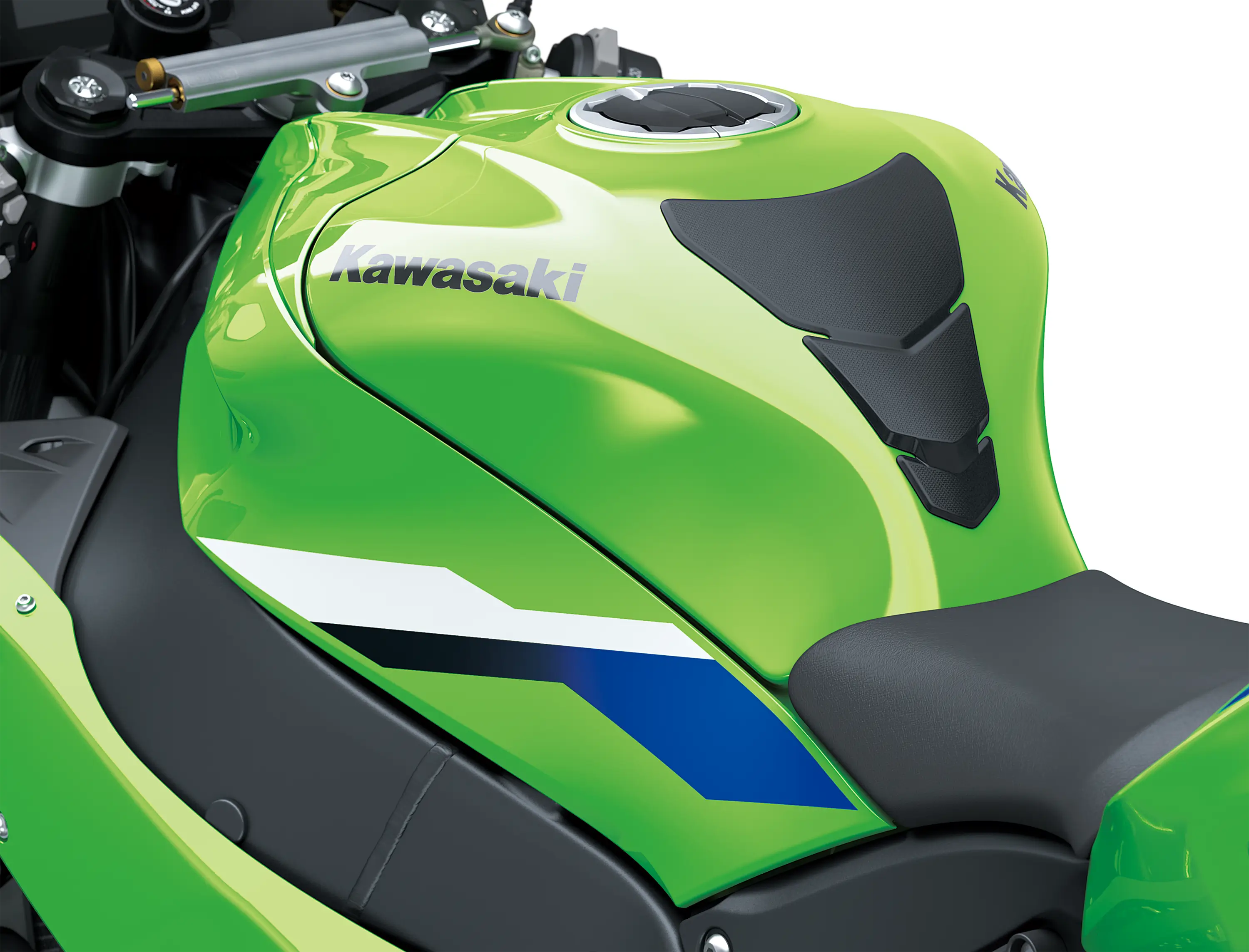 Close-up of the fuel tank of a motorcycle staged in a white studio background.