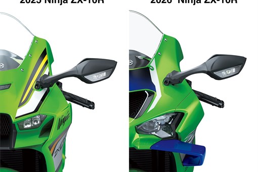 Graphic treatment showing close-up comparisons of motorcycle mirror placement across two model years. opens in a new window