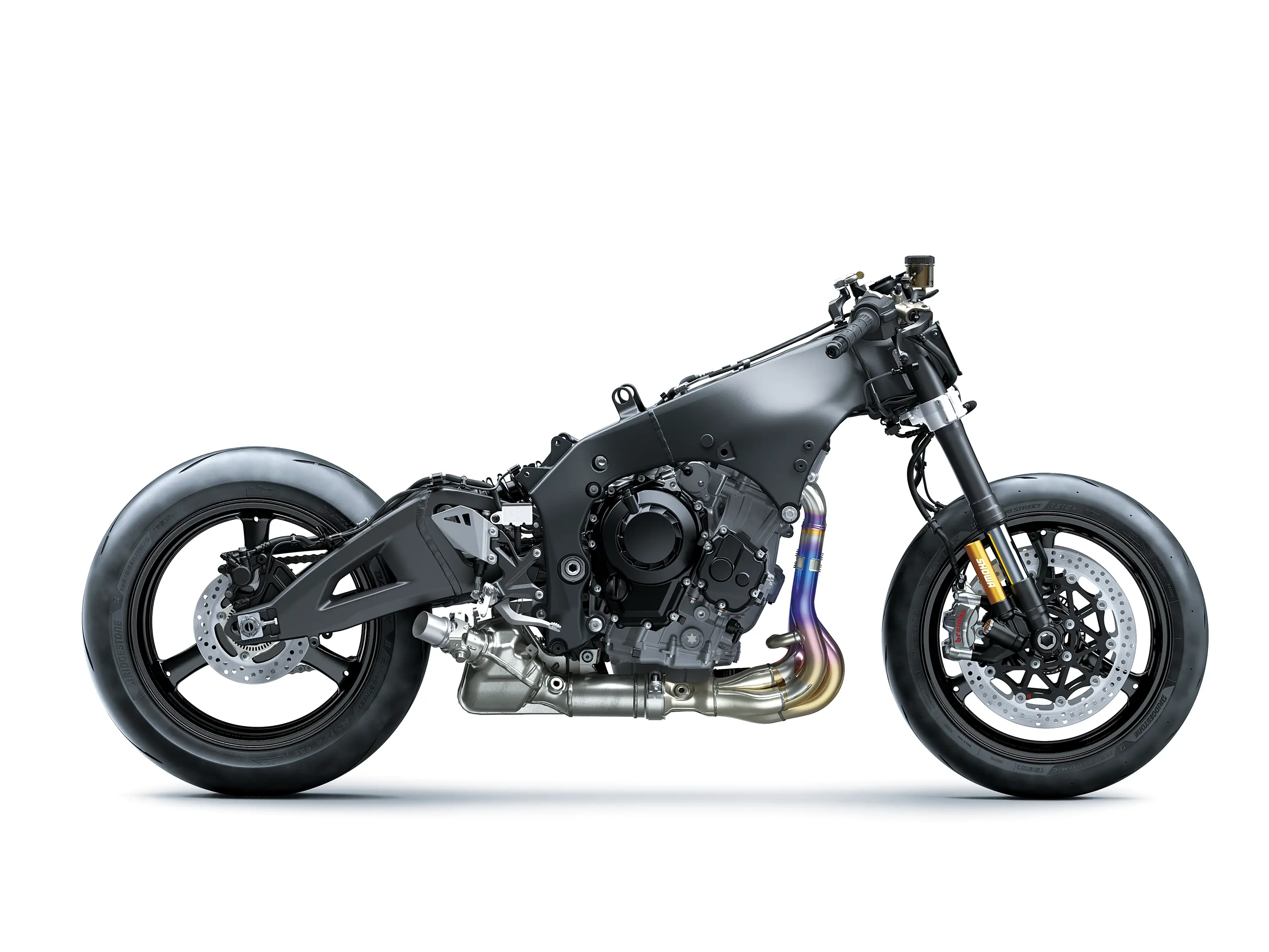 Profile angle of the frame and tires a motorcycle staged in a white studio background.