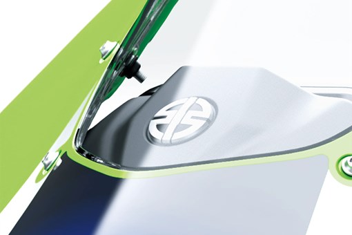 Close-up of the windshield of a motorcycle staged in a white studio background. opens in a new window