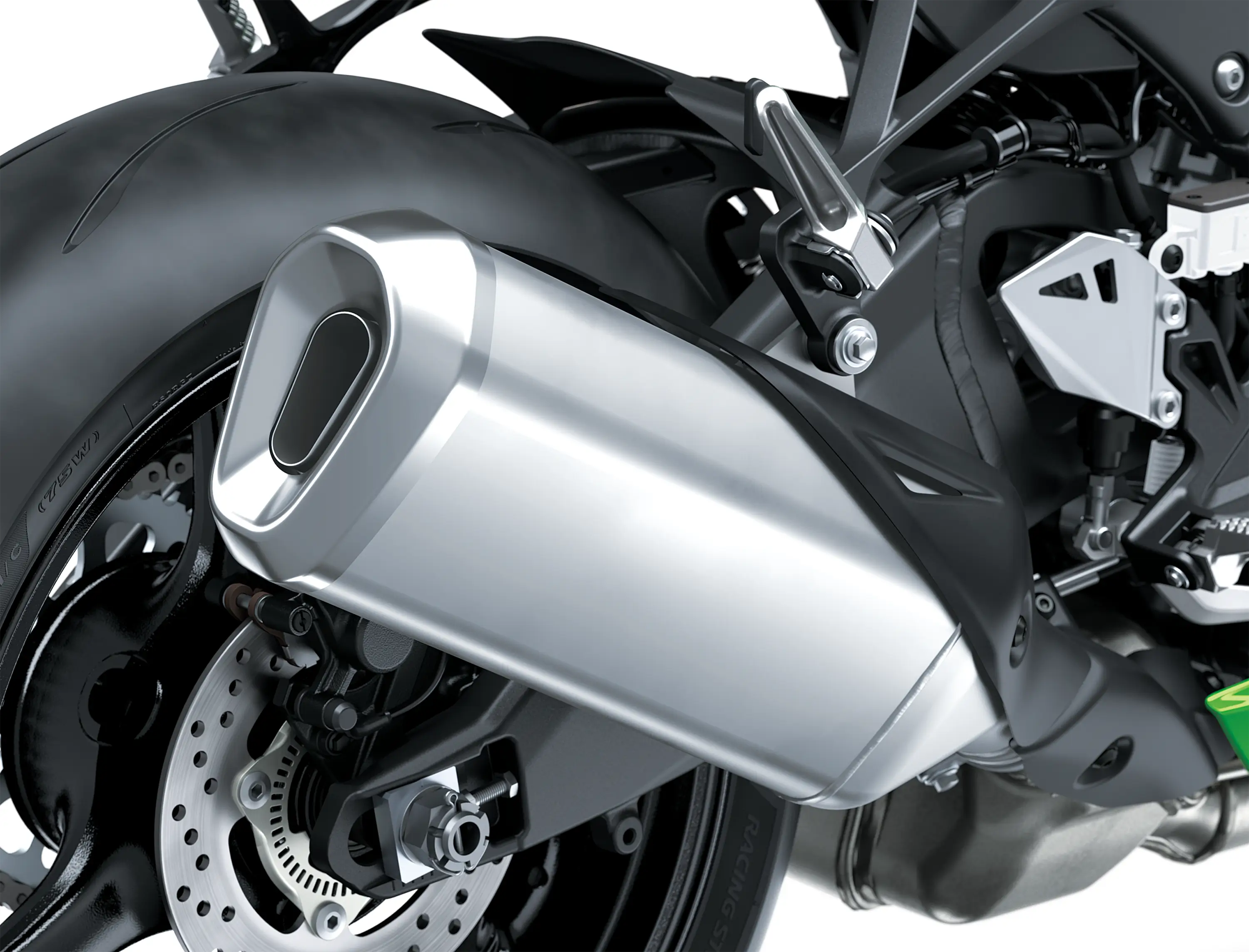Close-up of the exhaust of a motorcycle staged in a white studio background.