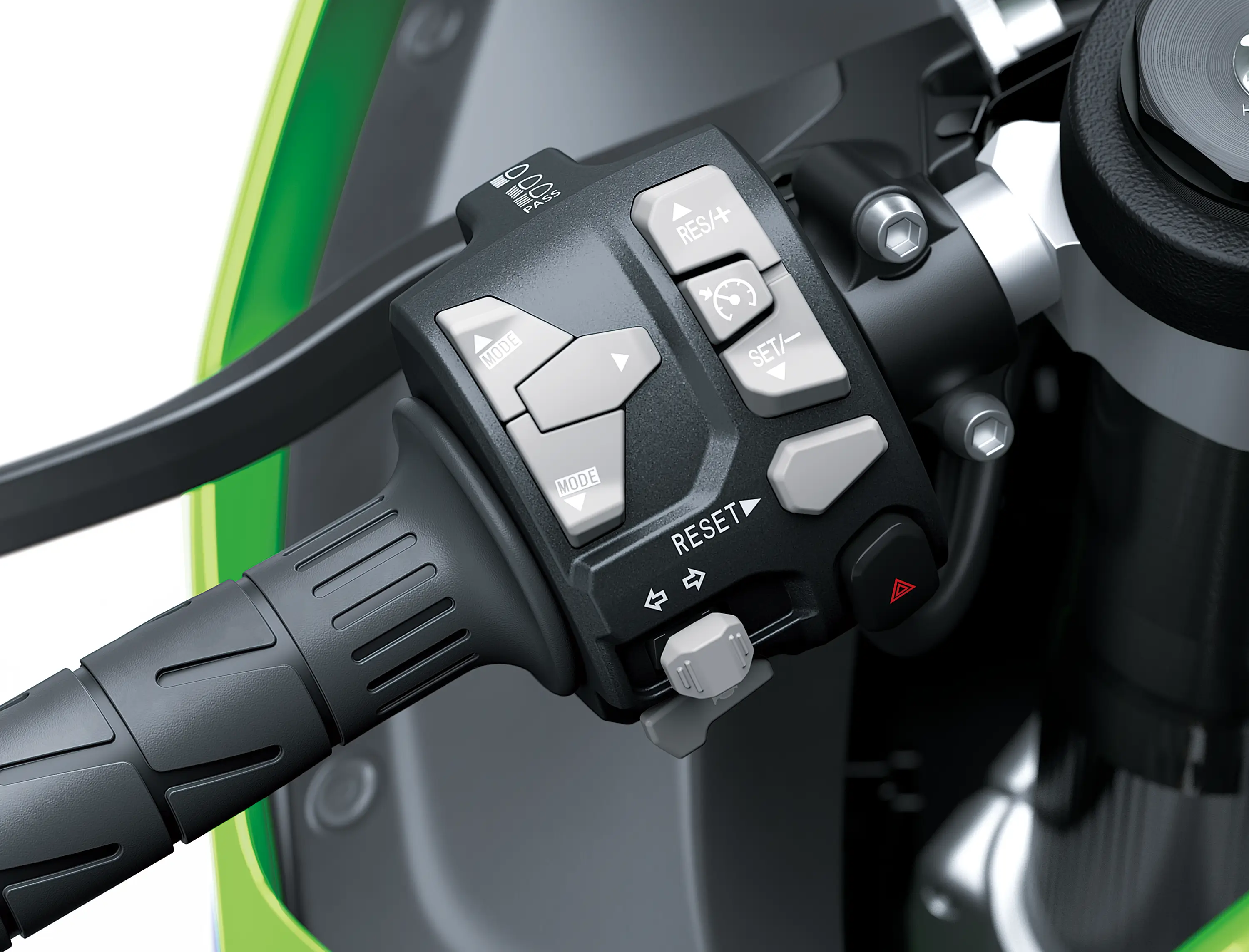 Close-up of the handlebar controls of a motorcycle staged in a white studio background.