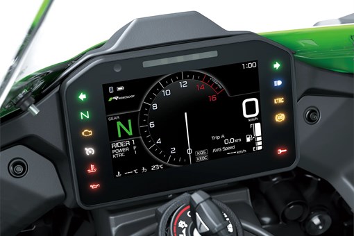 Close-up of the instrumentation of a motorcycle staged in a white studio background. opens in a new window