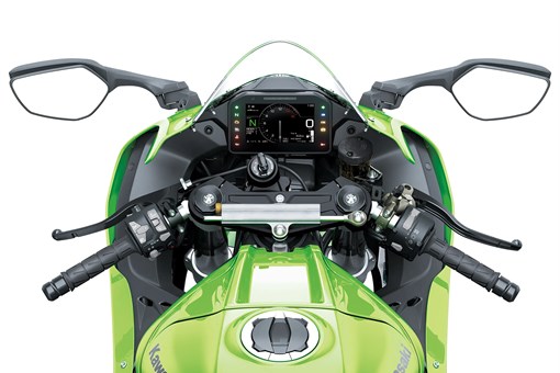 Rider POV of the handlebars of a motorcycle staged in a white studio background. opens in a new window