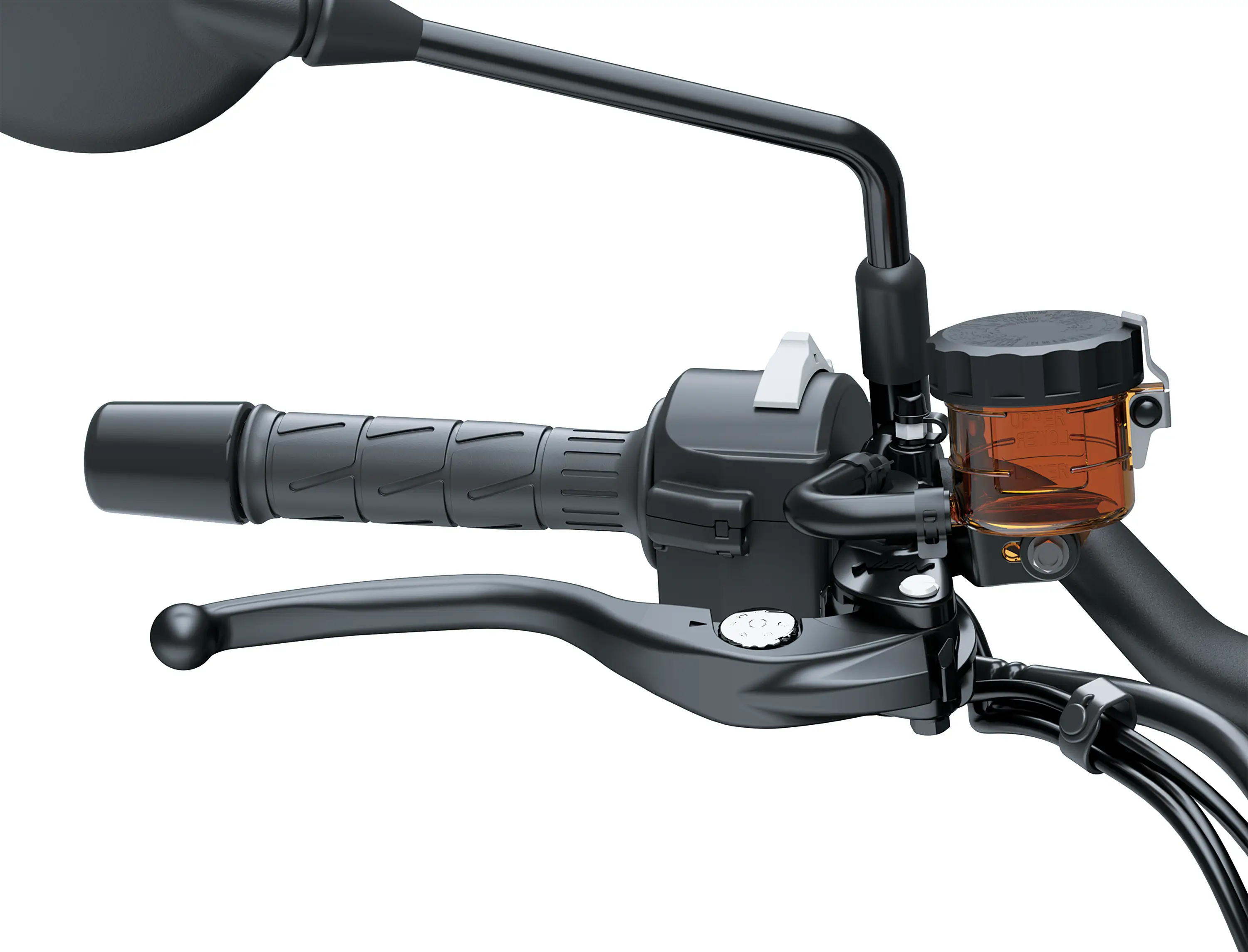 Close-up of the left handlebar of a motorcycle staged in a white studio background.
