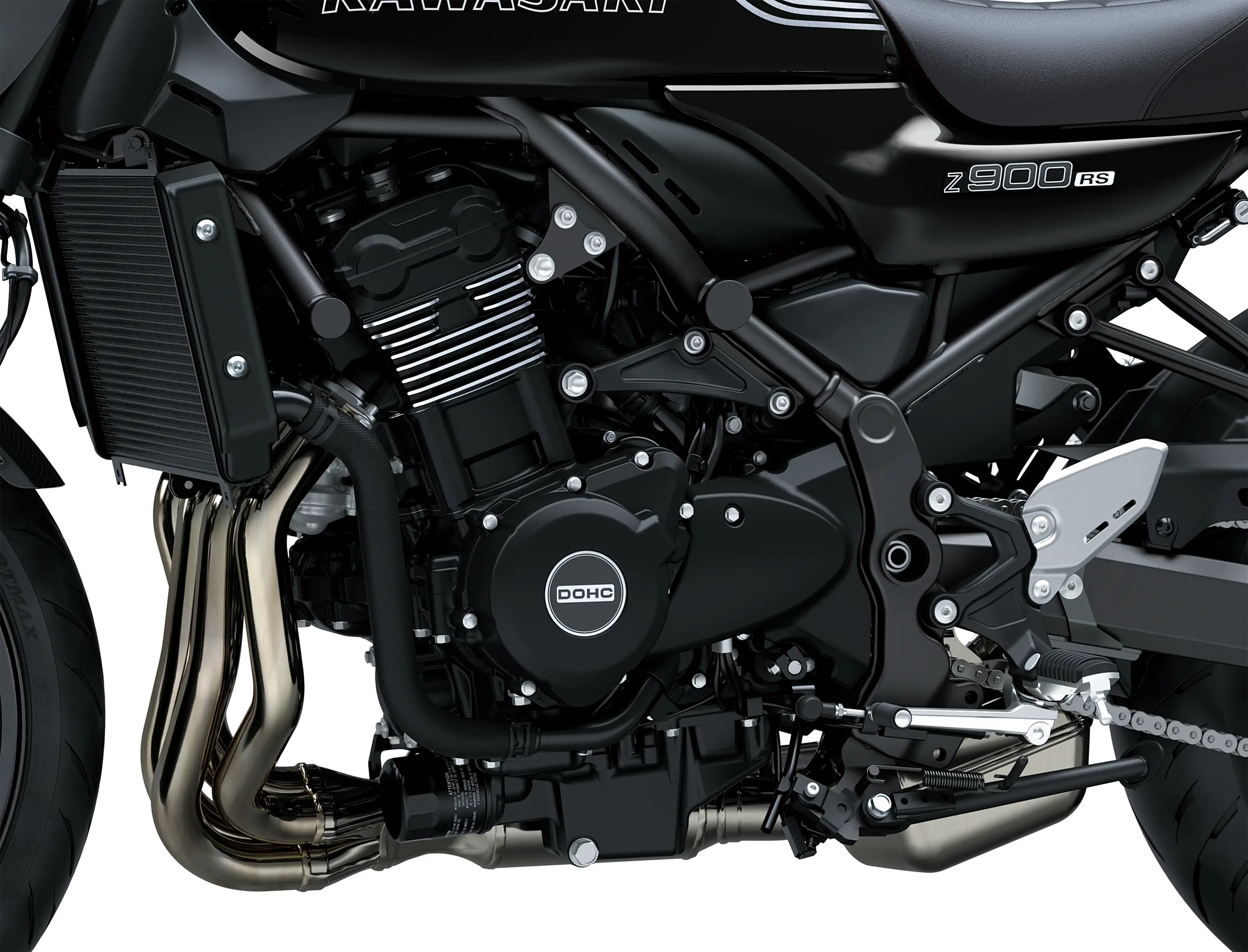 Close-up of the left-side of the engine bay of a motorcycle staged in a white studio background.