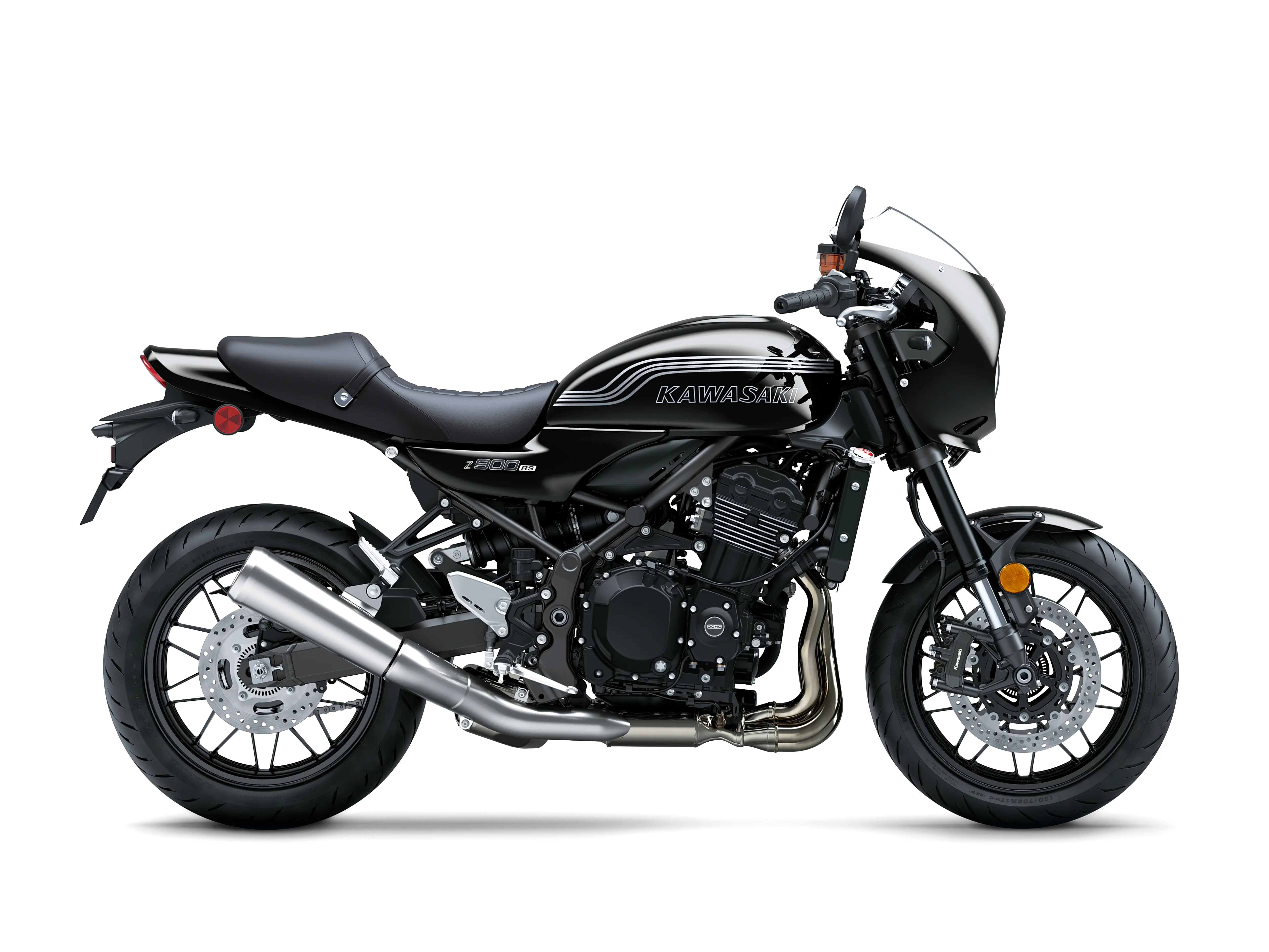 Side angle of a motorcycle staged in a white studio background.