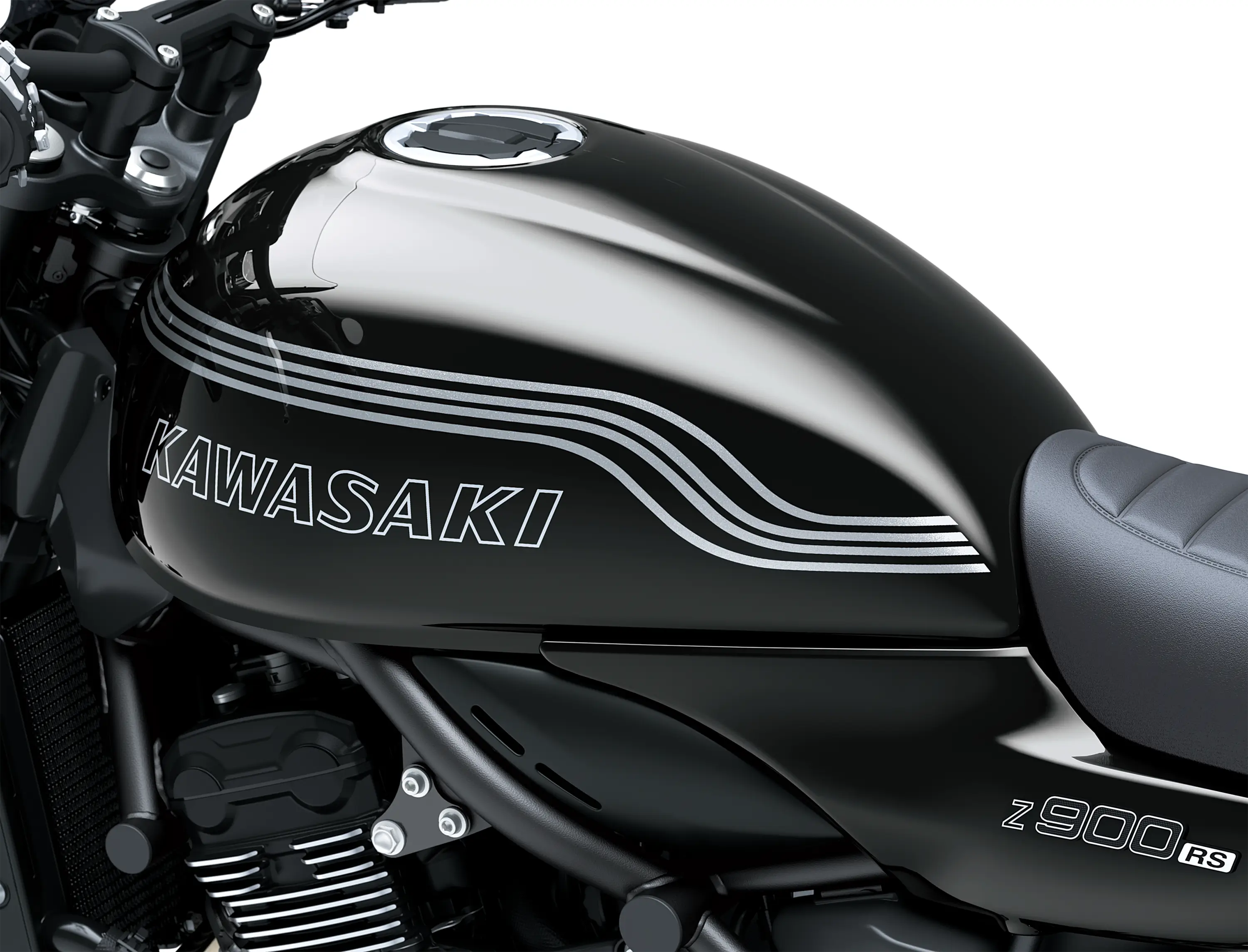 Close-up of the fuel tank of a motorcycle staged in a white studio background.