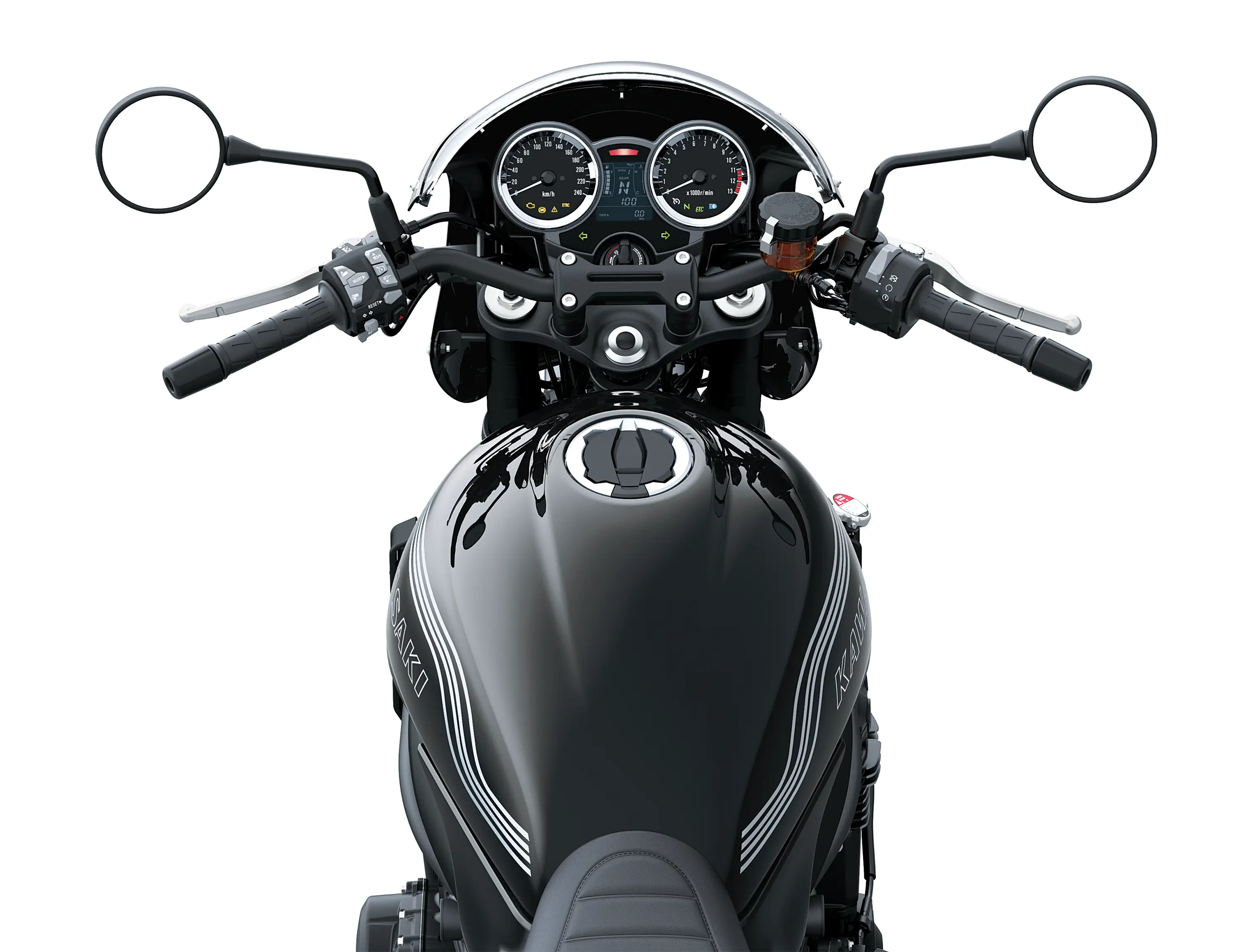 Rider POV of the handlebars of a motorcycle staged in a white studio background.