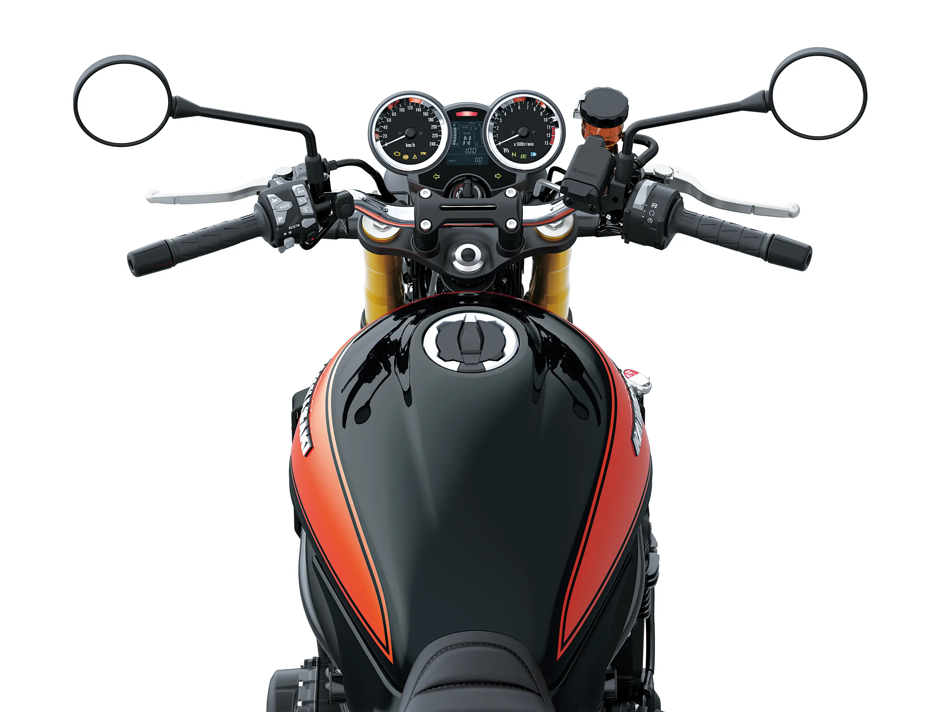 Rider POV of the handlebars of a motorcycle staged in a white studio background.