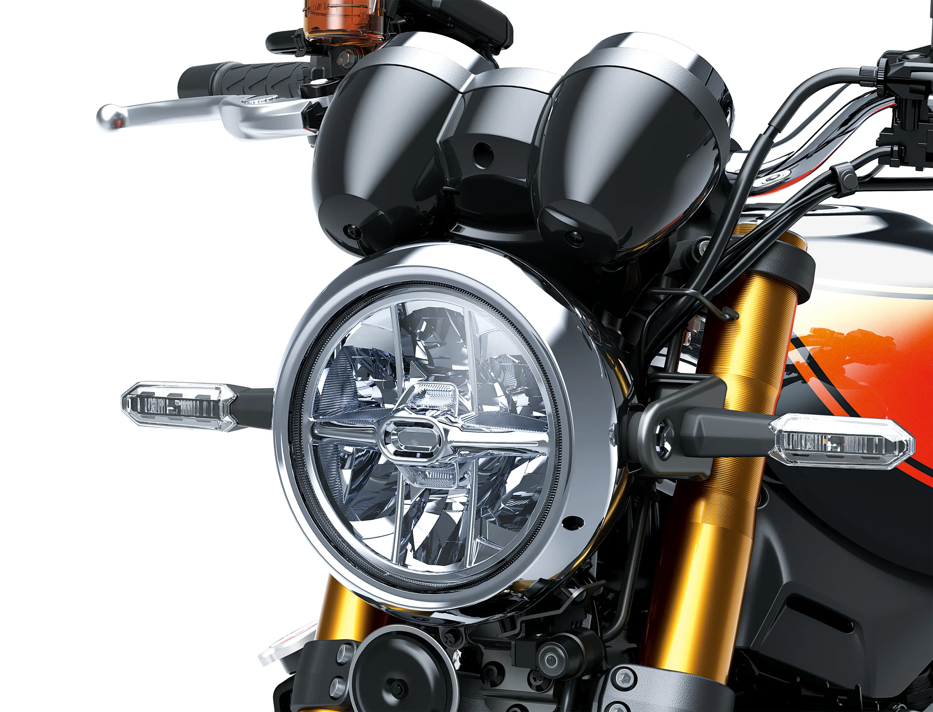Close-up of the headlight of a motorcycle staged in a white studio background.