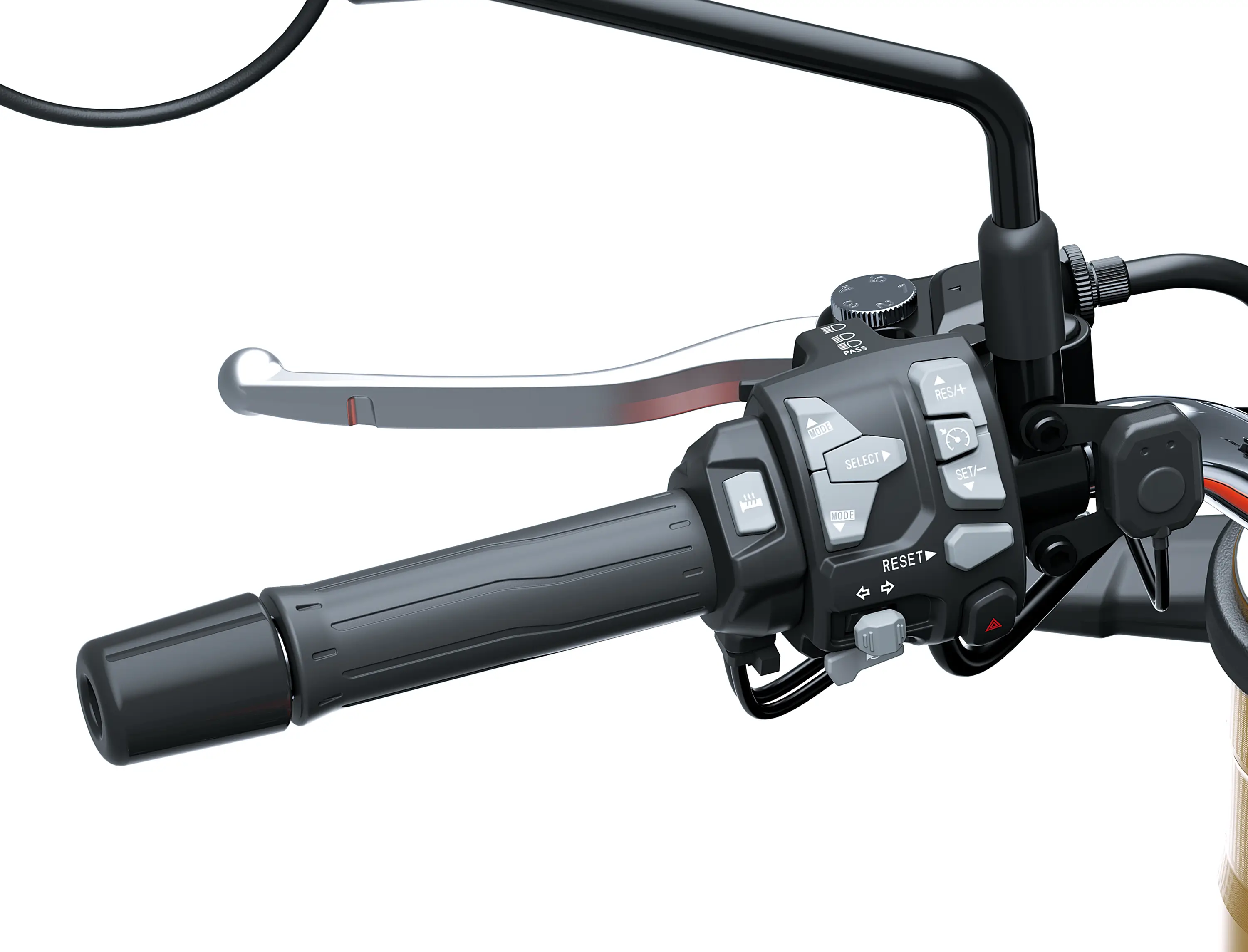 Close-up of the left handlebar of a motorcycle staged in a white studio background.