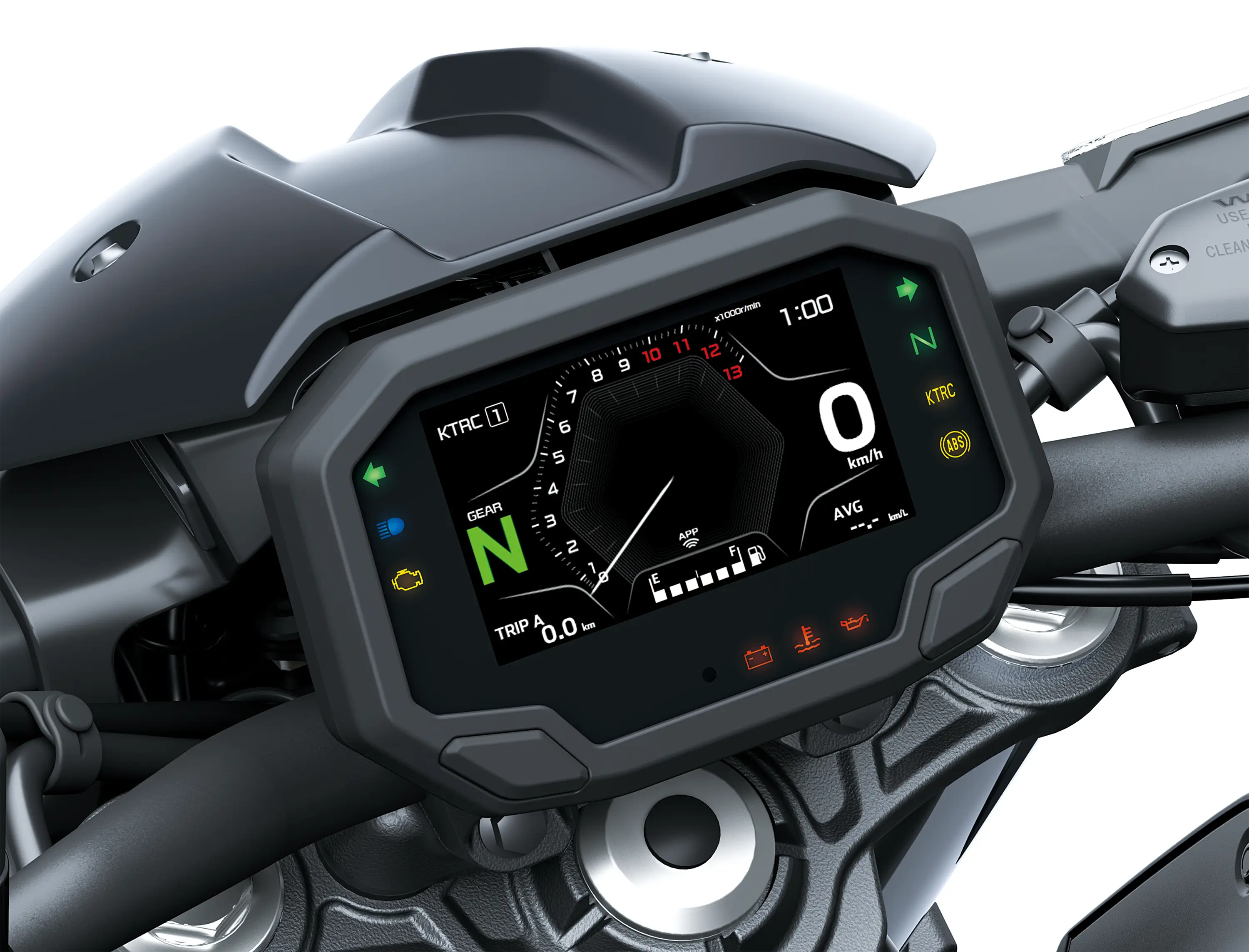 Infotainment of a motorcycle staged in a white studio background.