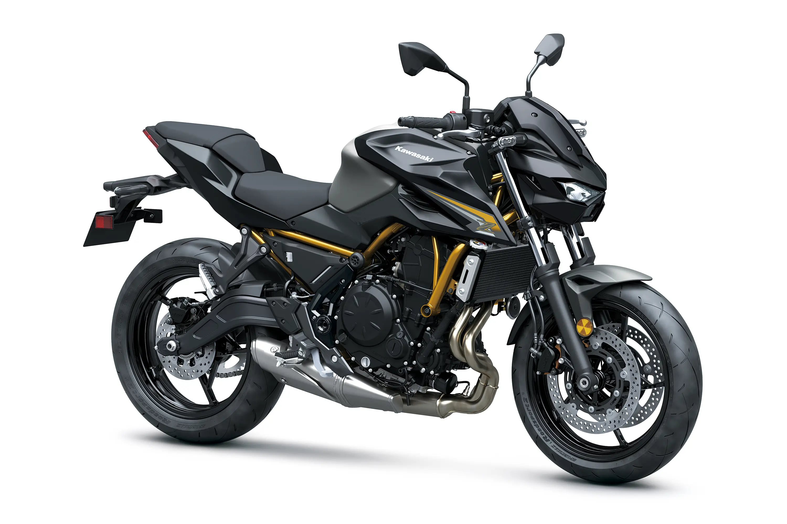 Three-quarter front angle of a motorcycle staged in a white studio background.