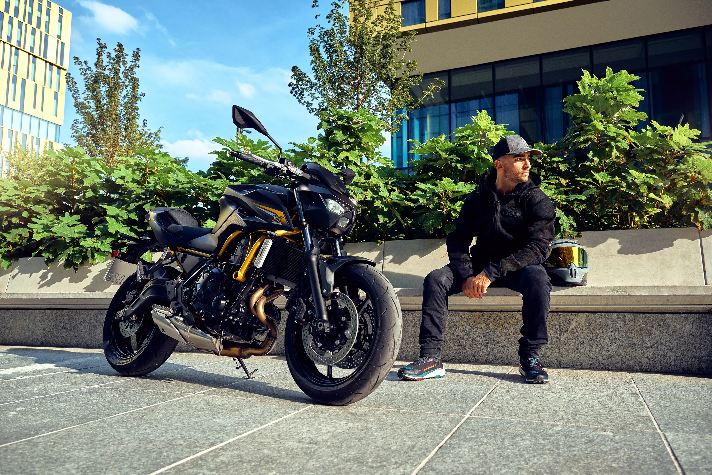 Three-quarter front angle of a motorcycle parked.