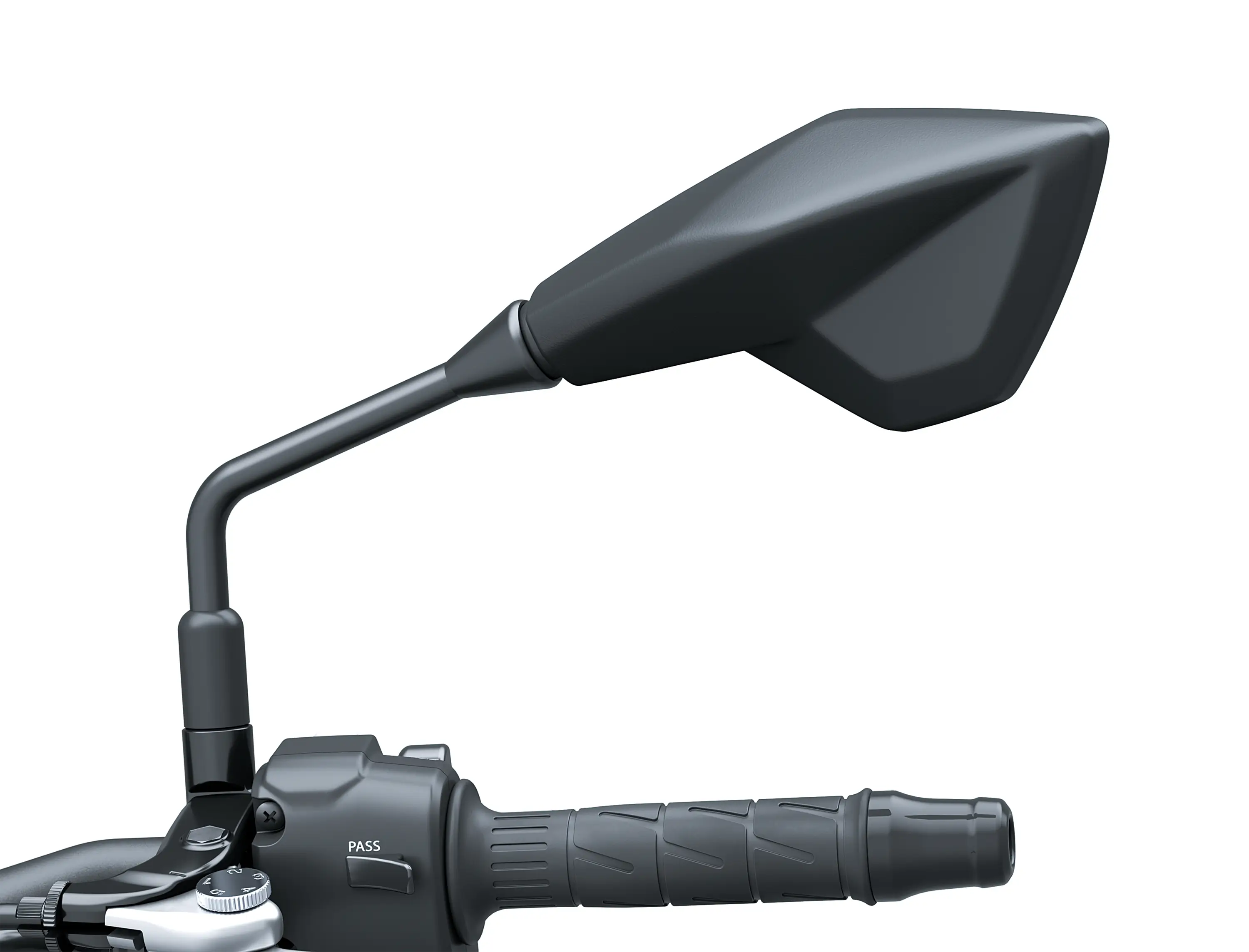 Closeup on mirror of a motorcycle staged in a white studio background.