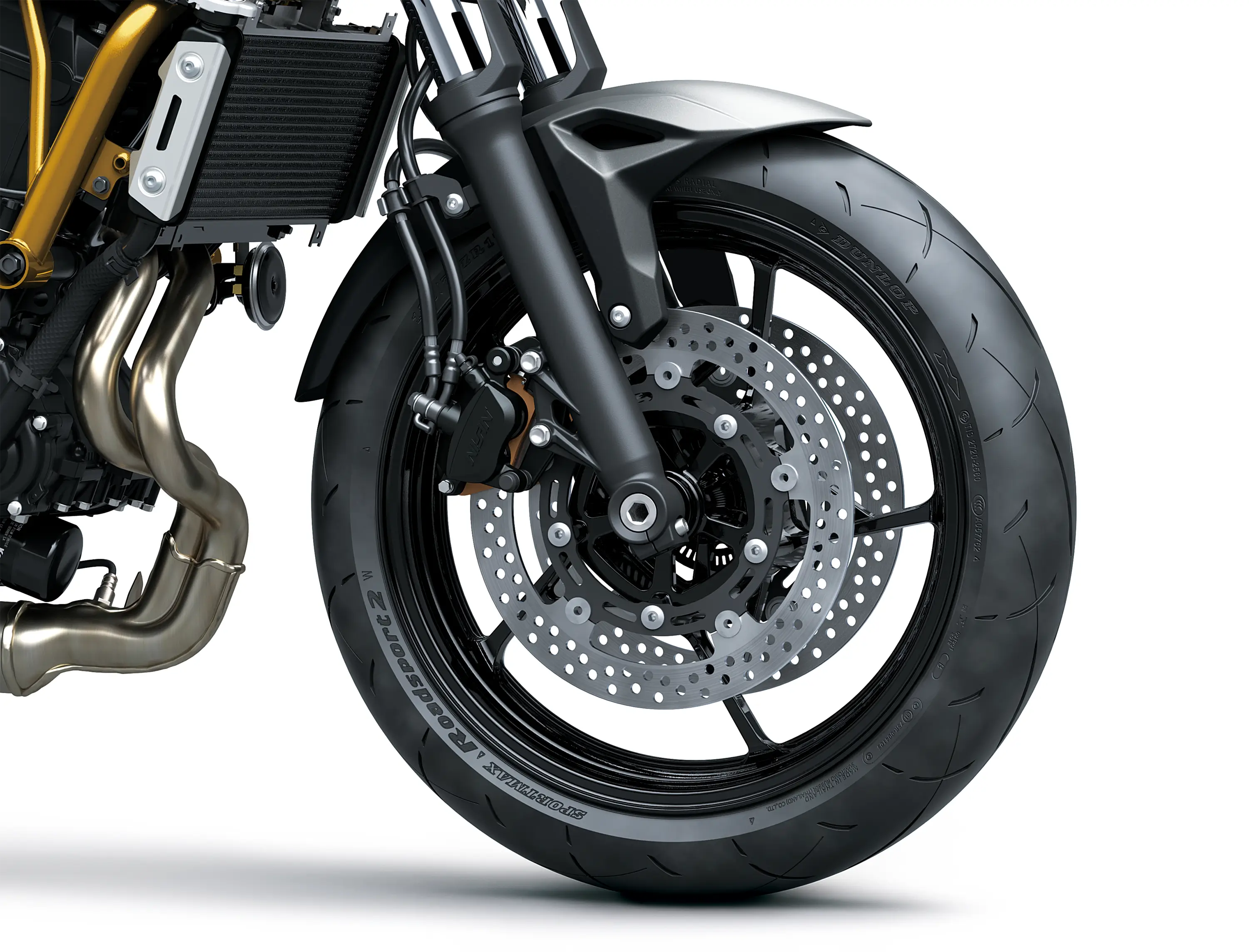 Front wheel of a motorcycle staged in a white studio background.
