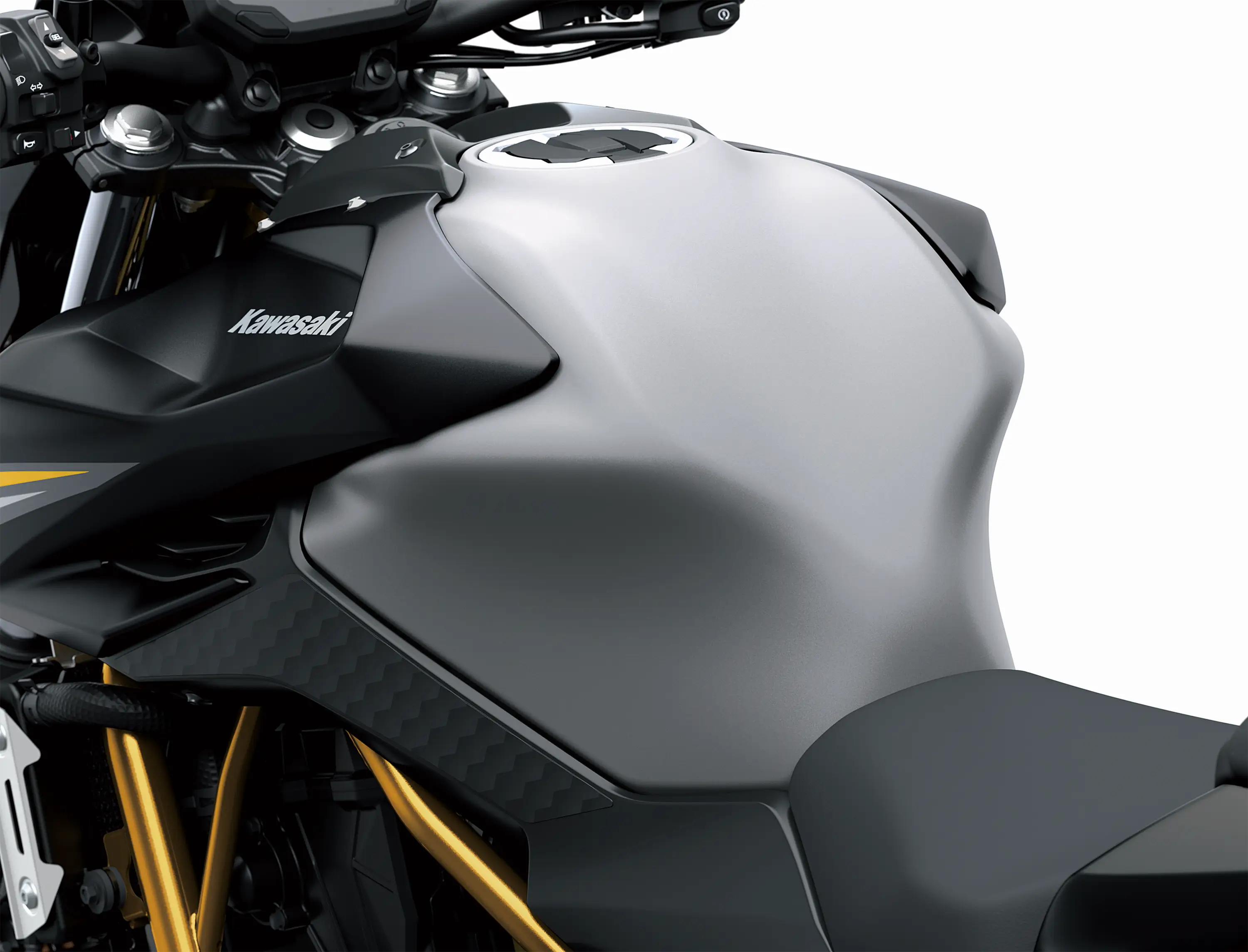 Tank of a motorcycle staged in a white studio background.