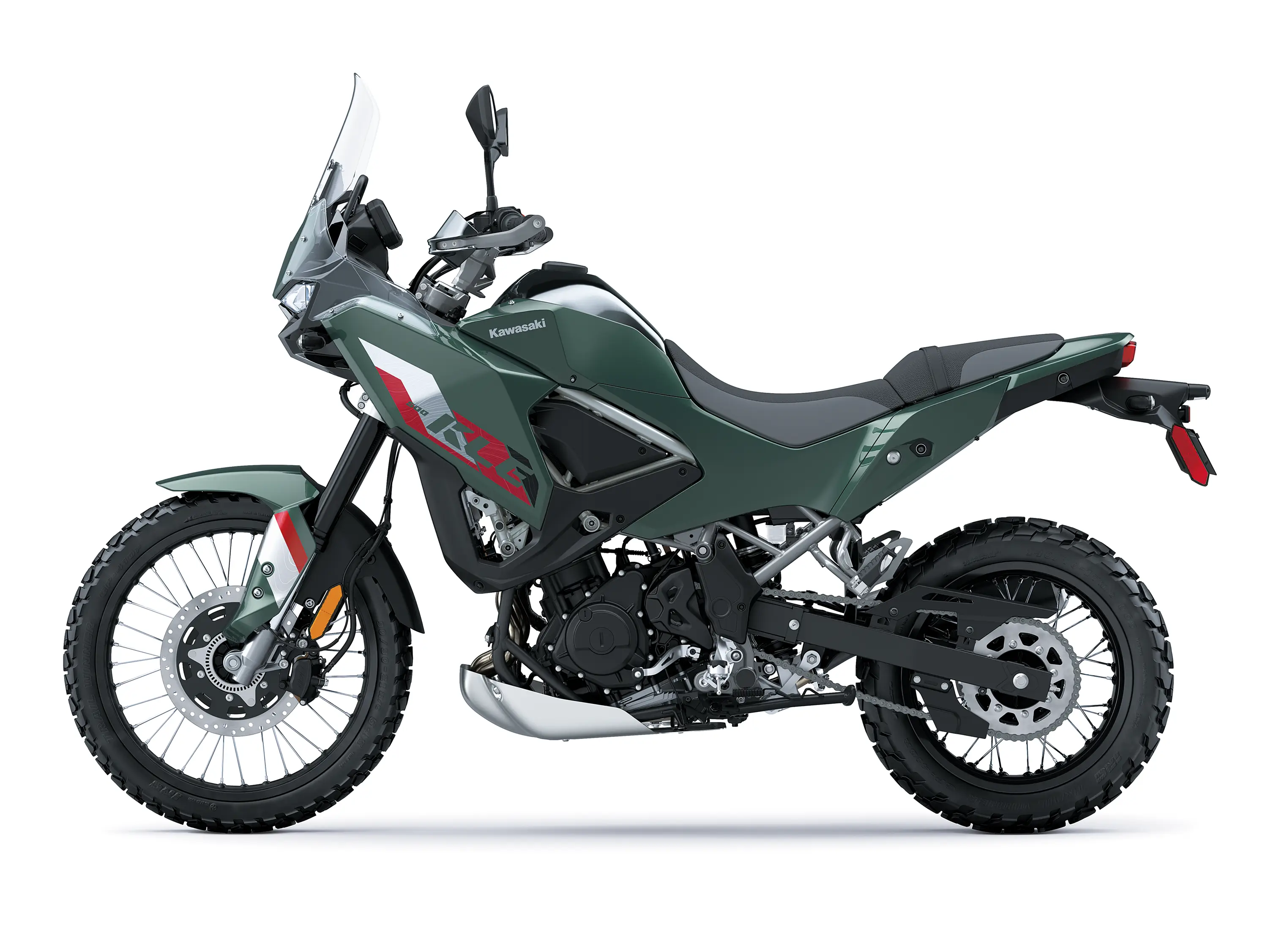 Side angle of a gray/green motorcycle staged in a white studio background.