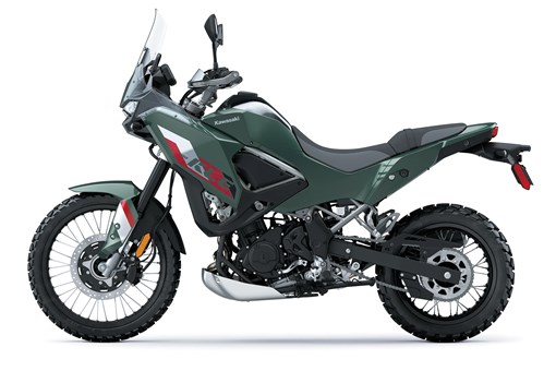 Side angle of a gray/green motorcycle staged in a white studio background. opens in a new window