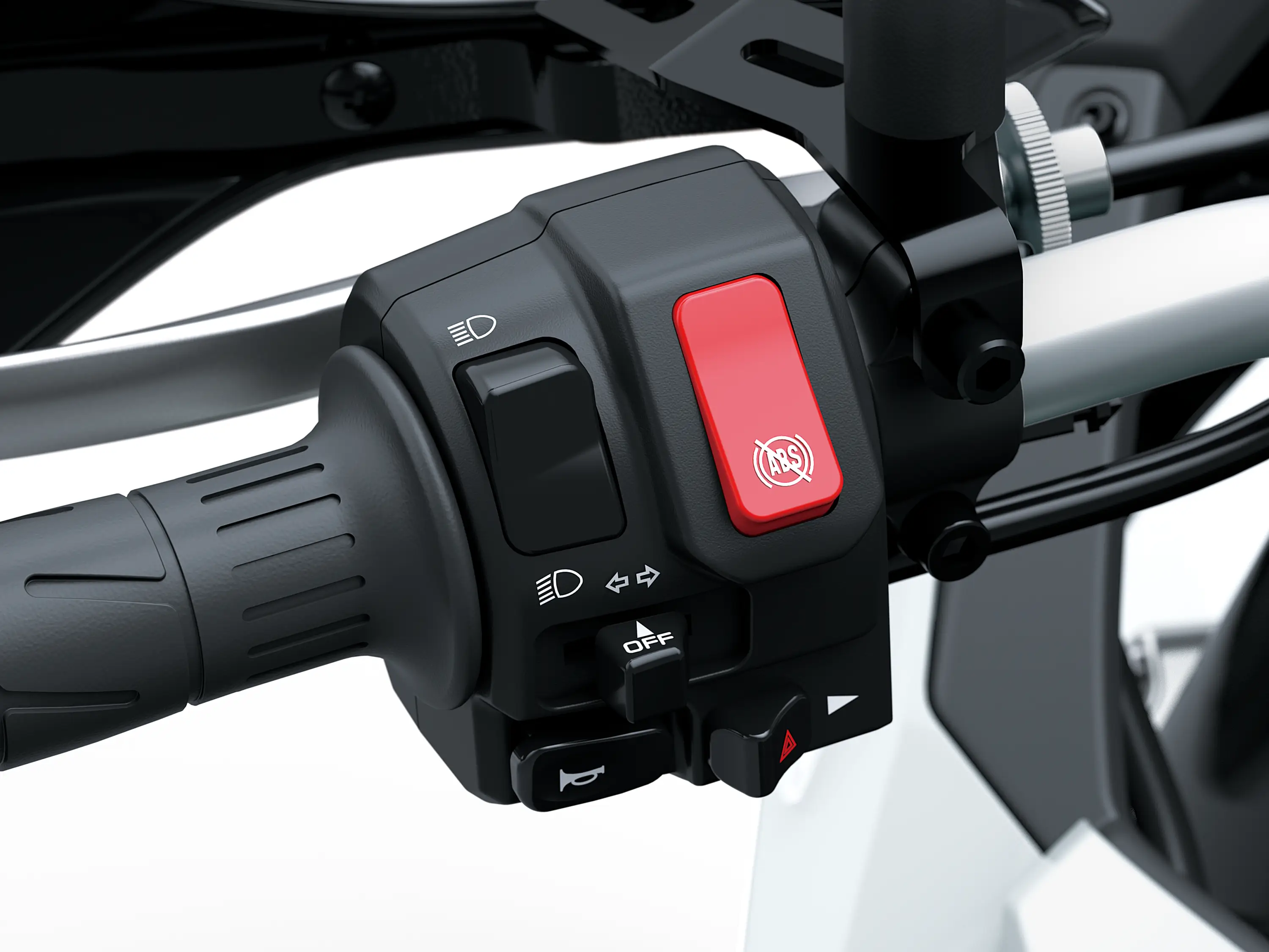 Closeup of handlebar of a motorcycle staged in a white studio background.