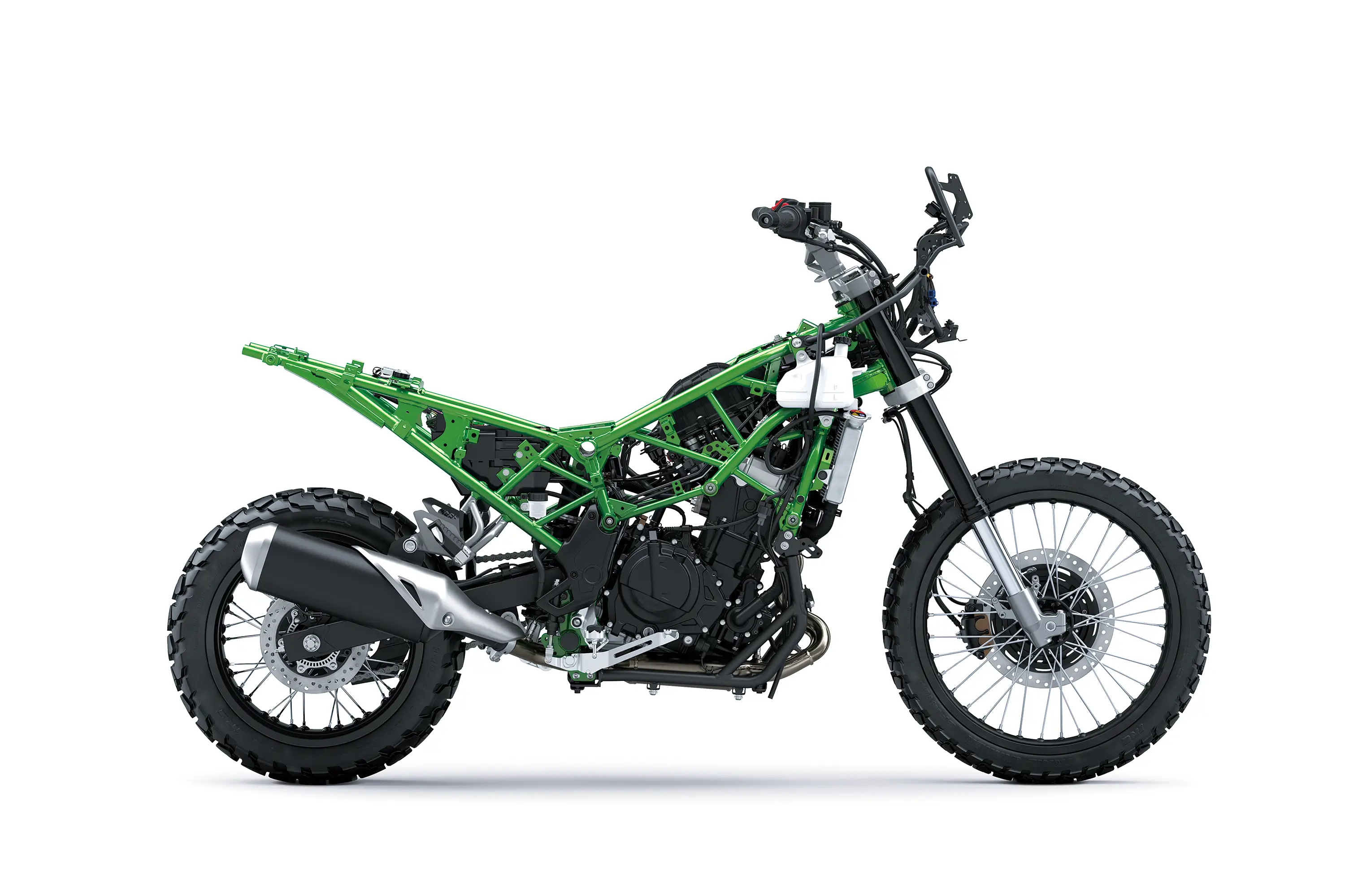 Profile of a naked motorcycle staged in a white studio background.