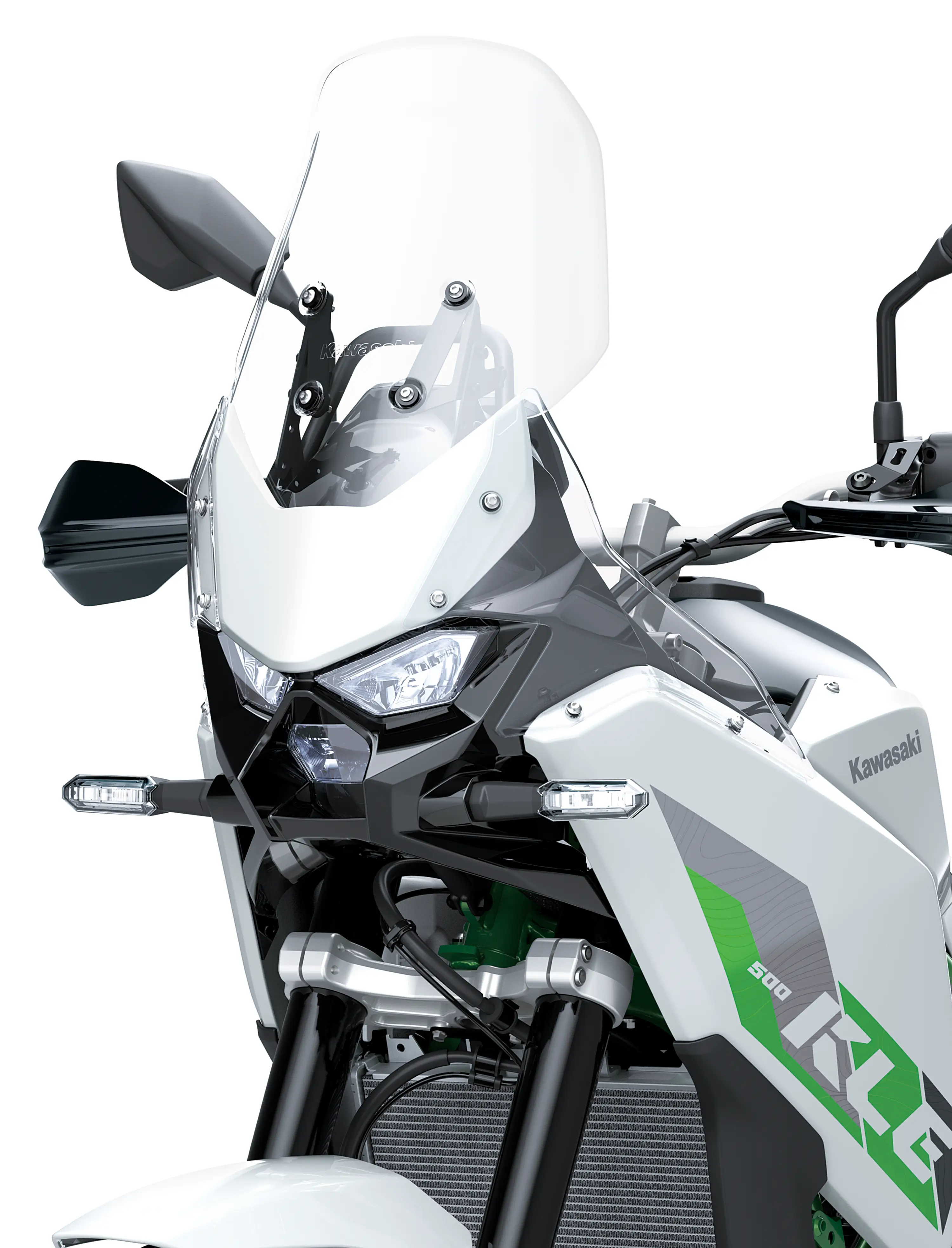 Front close angle of a motorcycle staged in a white studio background.